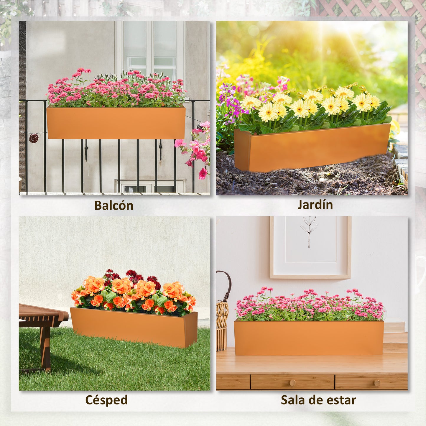 Outsunny Jardinera Colgante de Acero Maceta Rectangular Colgante con 2 Ganchos Ajustables y 2 Orificios de Drenaje para Balcón Jardín Patio 91x35x24 cm Marrón