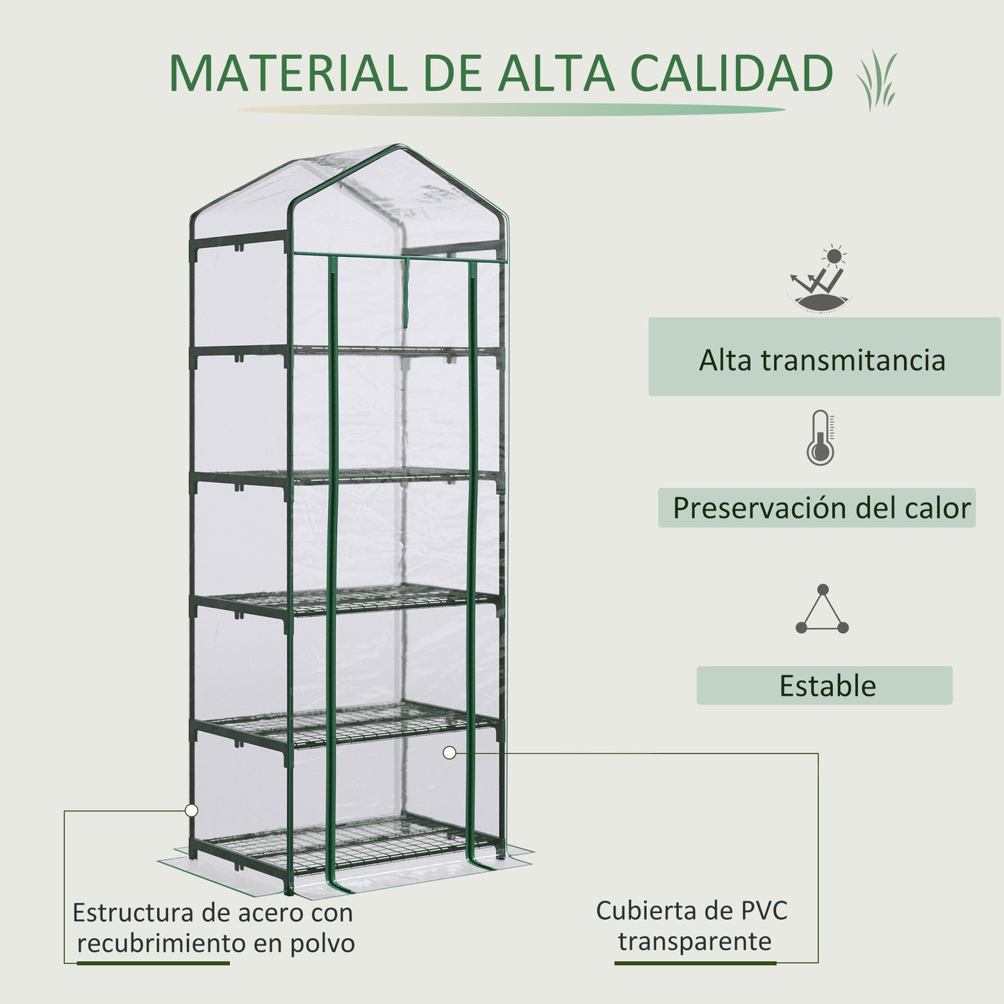 Outsunny Invernadero de Jardín Invernadero de Terraza con 5 Estantes de Alambre Tipo Caseta de Acero Vivero Casero para Cultivo de Plantas Flores Verduras 69x49x193 cm Transparente