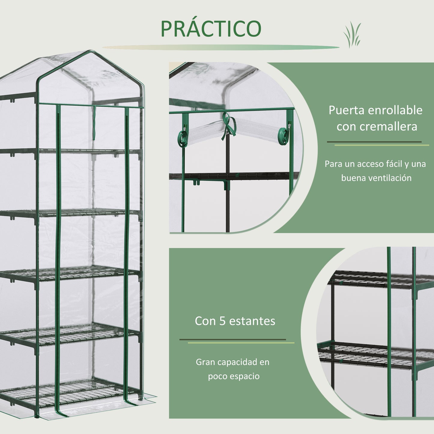 Outsunny Invernadero de Jardín Invernadero de Terraza con 5 Estantes de Alambre Tipo Caseta de Acero Vivero Casero para Cultivo de Plantas Flores Verduras 69x49x193 cm Transparente