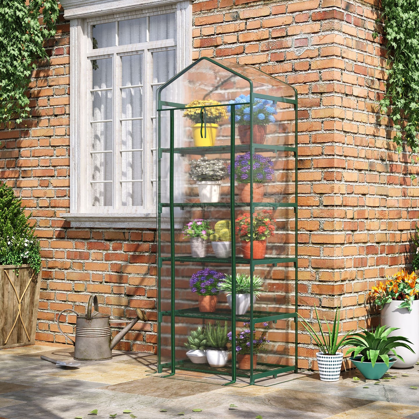 Outsunny Invernadero de Jardín Invernadero de Terraza con 5 Estantes de Alambre Tipo Caseta de Acero Vivero Casero para Cultivo de Plantas Flores Verduras 69x49x193 cm Transparente