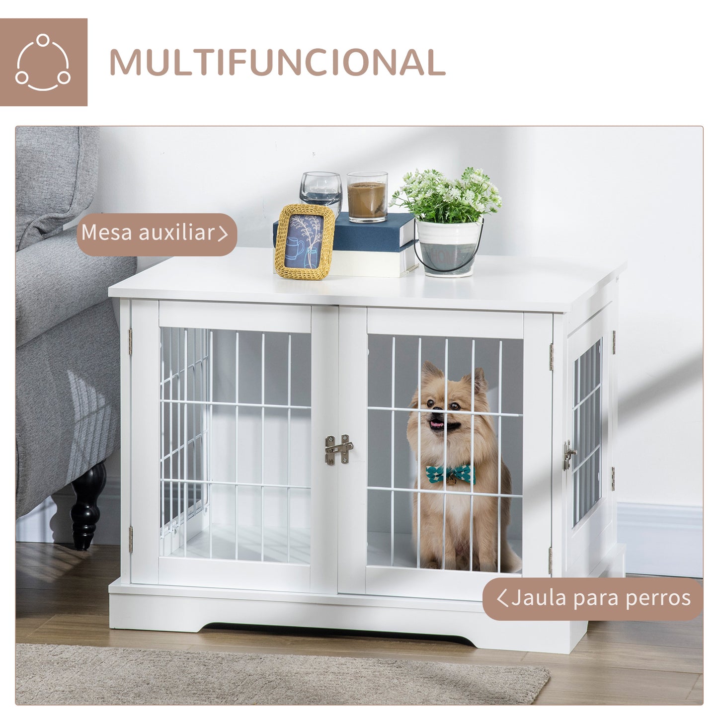 PawHut Jaula para Perros de Madera 76x54,5x56 cm Perrera con Superficie de Mesa de Almacenamiento con 2 Puertas de Pestillo y Rejillas de Acero Blanco