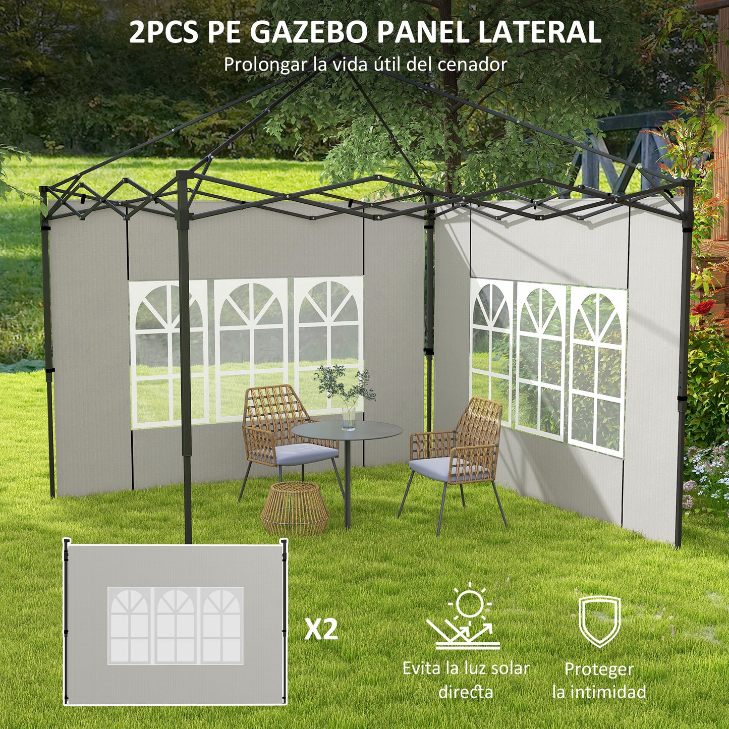 Outsunny Paredes Laterales para Carpa 3x3 m y 3x6 m Juego de 2 Paredes para Cenador con Ventanas 293x193 cm Blanco