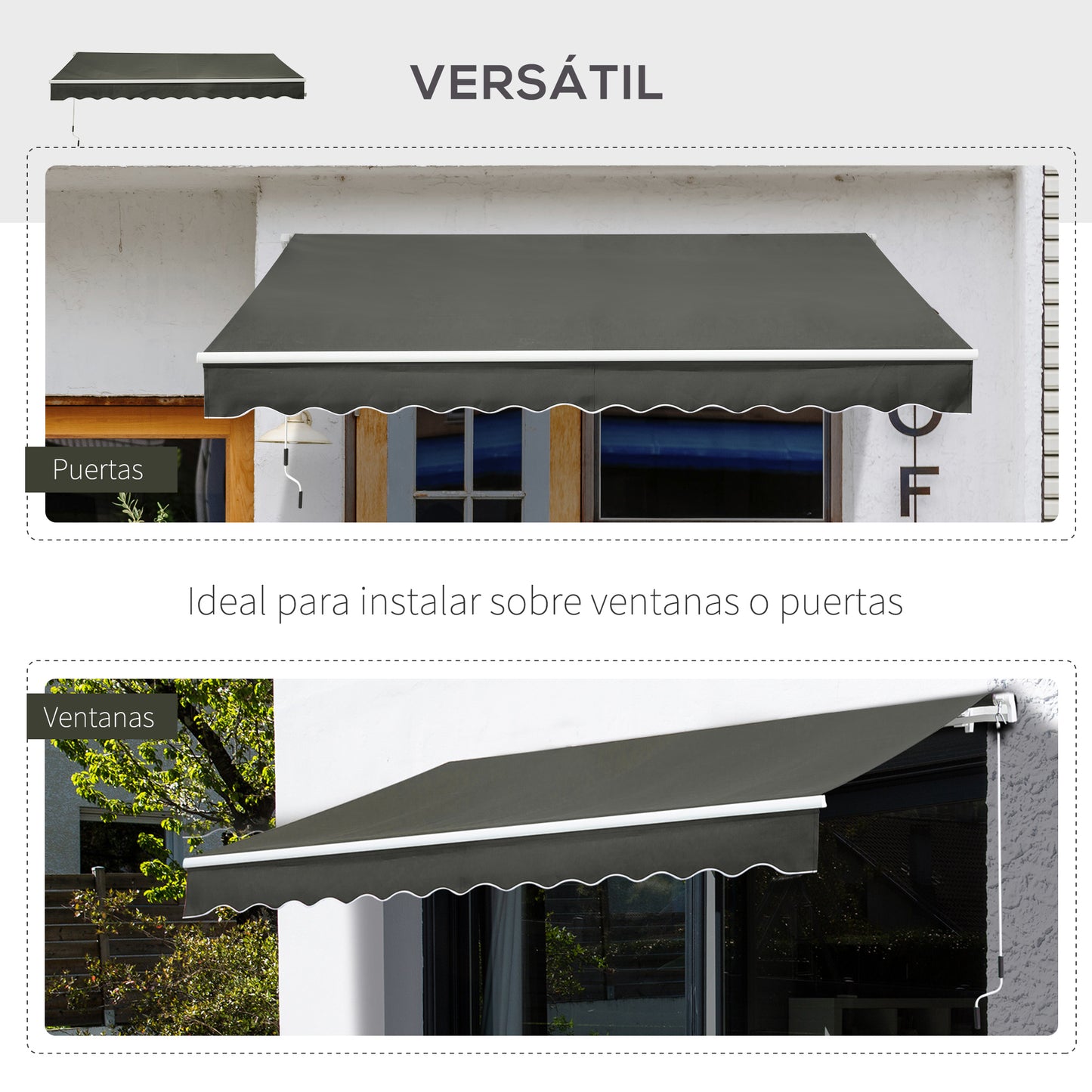 Outsunny Toldo Manual Retráctil 350x250 cm Toldo para Balcón con Manivela de Metal Impermeable y Anti-UV Toldo Enrollable de Exterior para Jardín Terraza Ventanas Gris