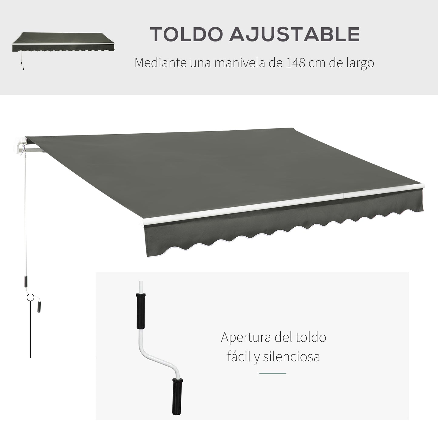 Outsunny Toldo Manual Retráctil 350x250 cm Toldo para Balcón con Manivela de Metal Impermeable y Anti-UV Toldo Enrollable de Exterior para Jardín Terraza Ventanas Gris