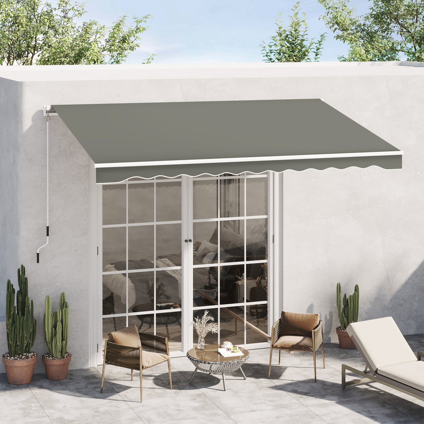 Outsunny Toldo Manual Retráctil 350x250 cm Toldo para Balcón con Manivela de Metal Impermeable y Anti-UV Toldo Enrollable de Exterior para Jardín Terraza Ventanas Gris