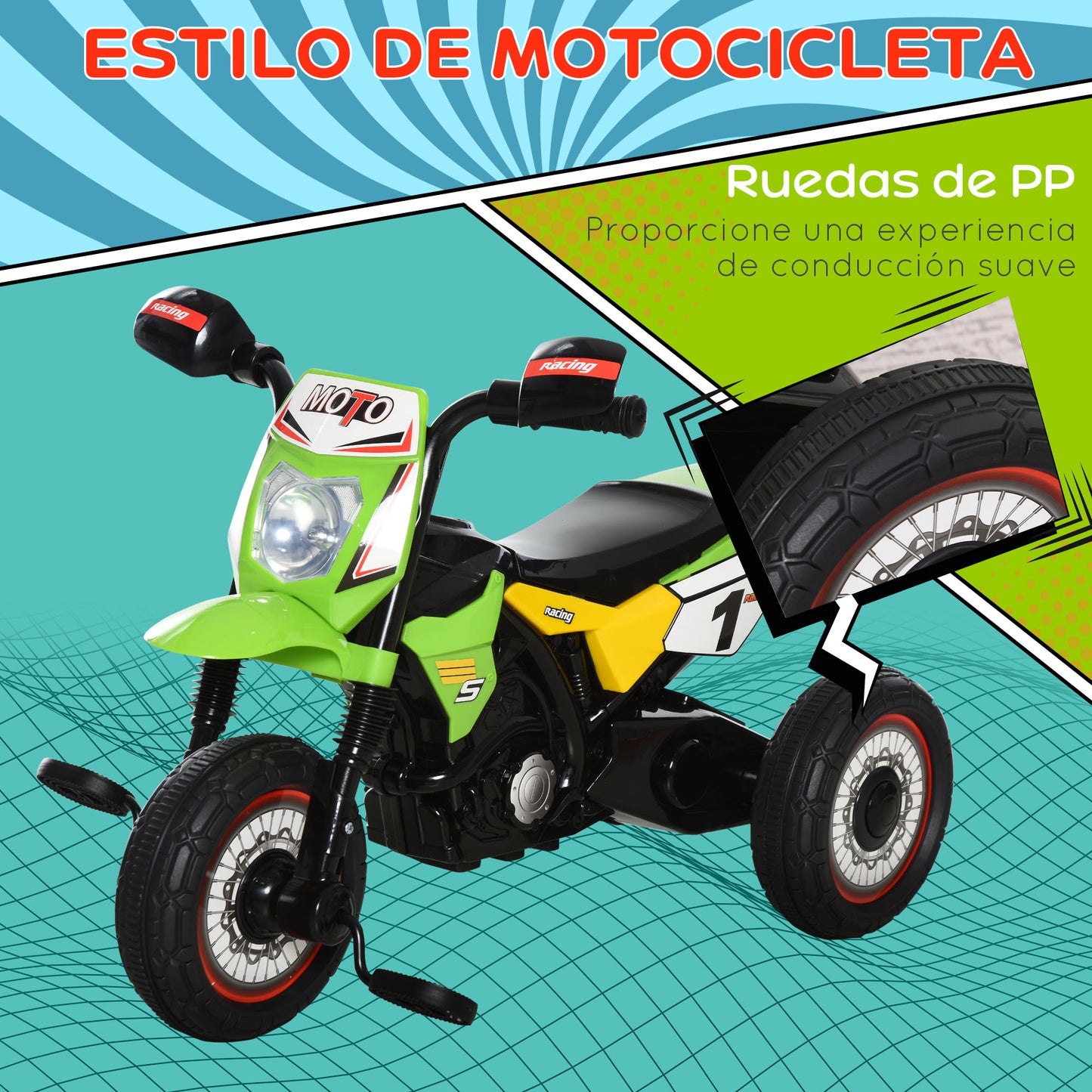 HOMCOM Moto Correpasillos para Niños de 18-36 Meses Triciclo para Niños Triciclo Infantil con 3 Ruedas Luces y Músicas Carga 20 kg 71x40x51 cm Verde