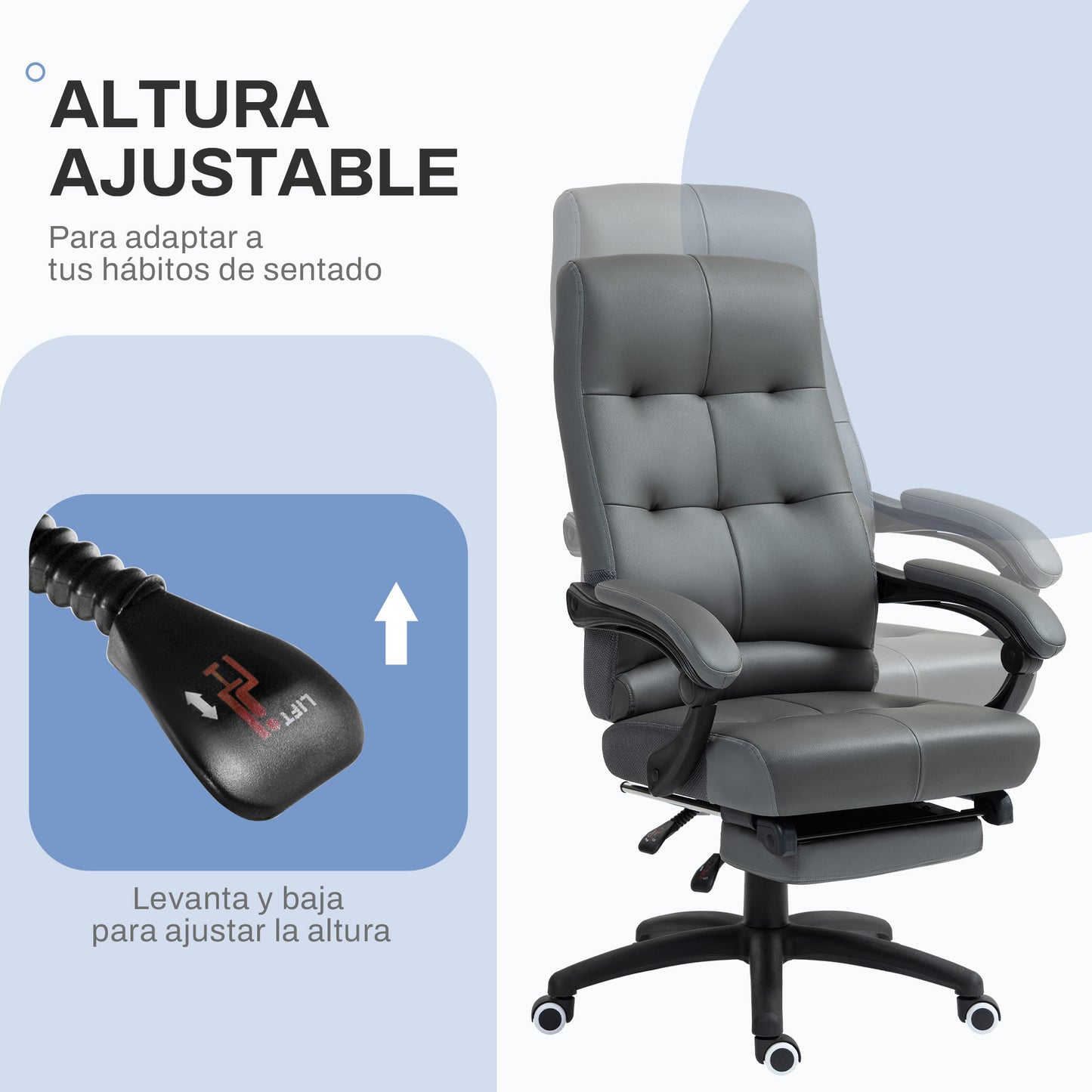 Vinsetto Silla de Oficina Giratoria Silla de Escritorio Reclinable Silla de Estudio Tapizada de PU con Altura Ajustable Reposabrazos Reposapiés 65x65x118-125 cm Gris Oscuro