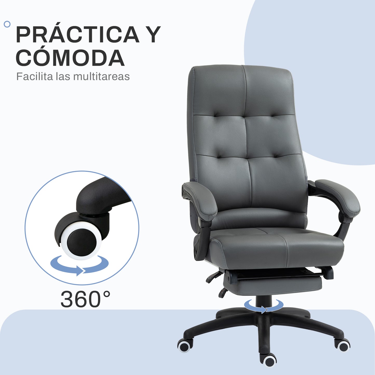 Vinsetto Silla de Oficina Giratoria Silla de Escritorio Reclinable Silla de Estudio Tapizada de PU con Altura Ajustable Reposabrazos Reposapiés 65x65x118-125 cm Gris Oscuro