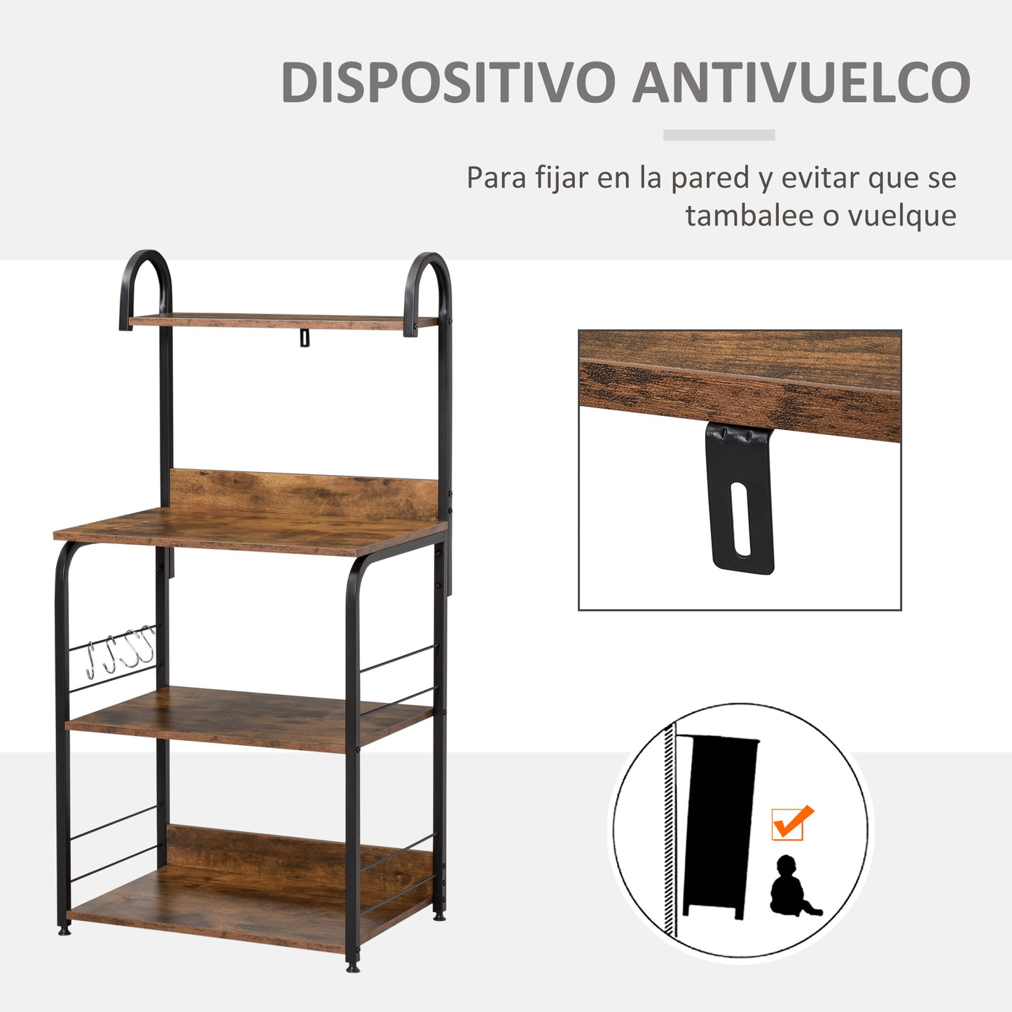 HOMCOM Estantería de Cocina de 4 Niveles Estante de Cocina con Ganchos Estantería para Microondas 60x40x125 cm Marrón Rústico y Negro