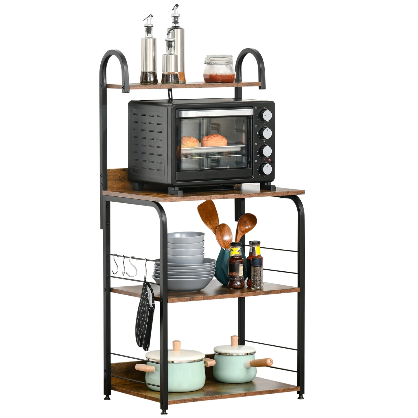 HOMCOM Estantería de Cocina de 4 Niveles Estante de Cocina con Ganchos Estantería para Microondas 60x40x125 cm Marrón Rústico y Negro