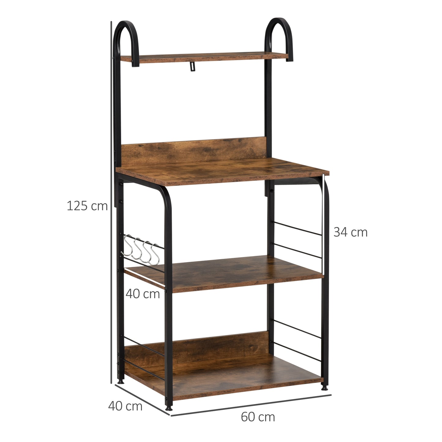 HOMCOM Estantería de Cocina de 4 Niveles Estante de Cocina con Ganchos Estantería para Microondas 60x40x125 cm Marrón Rústico y Negro