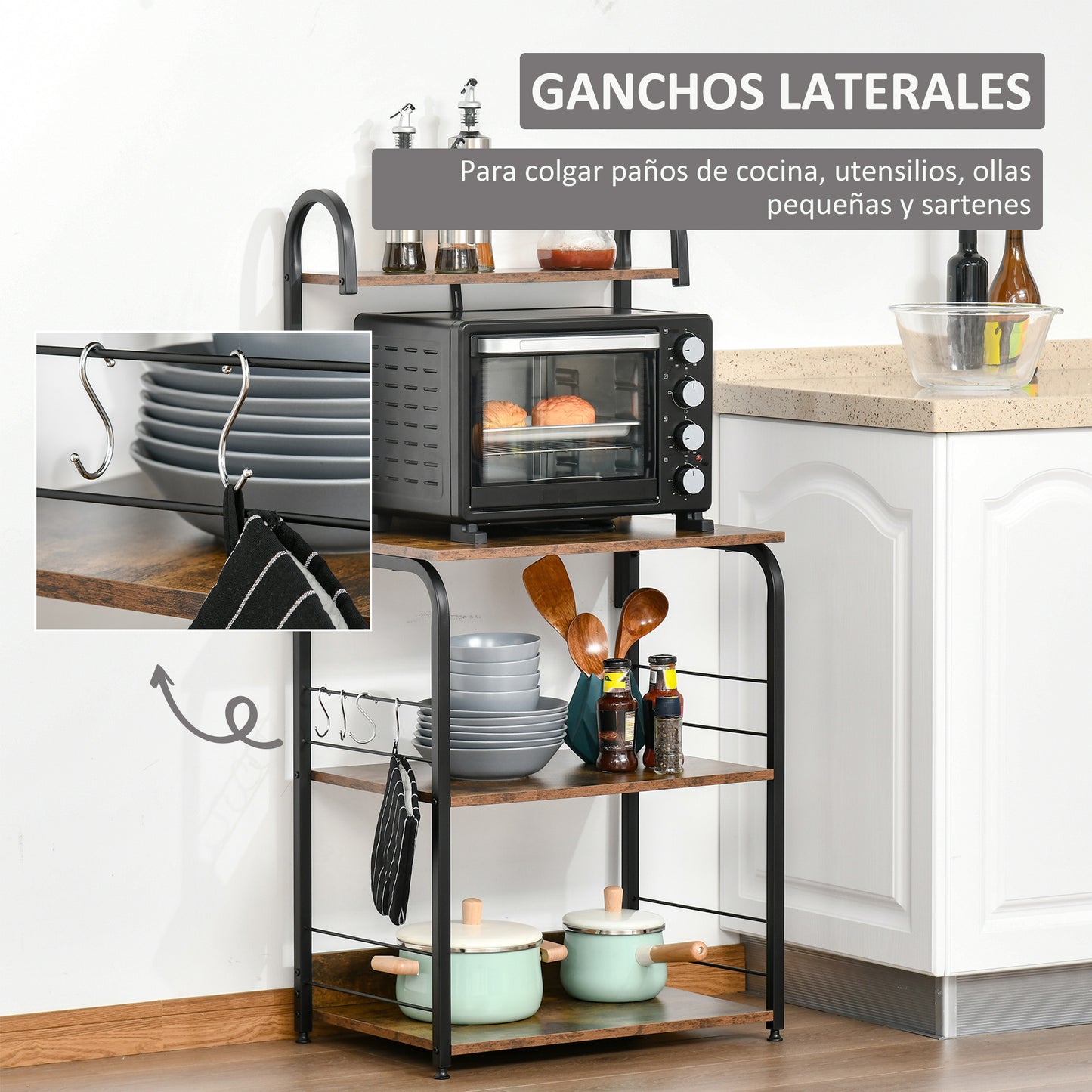 HOMCOM Estantería de Cocina de 4 Niveles Estante de Cocina con Ganchos Estantería para Microondas 60x40x125 cm Marrón Rústico y Negro