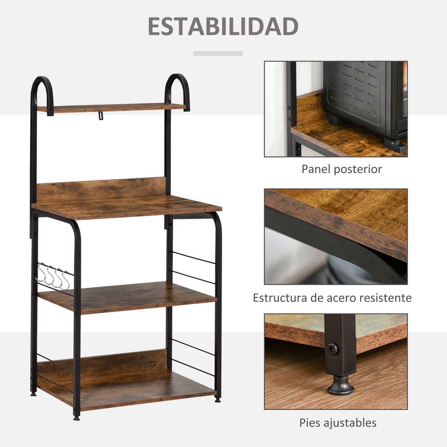 HOMCOM Estantería de Cocina de 4 Niveles Estante de Cocina con Ganchos Estantería para Microondas 60x40x125 cm Marrón Rústico y Negro