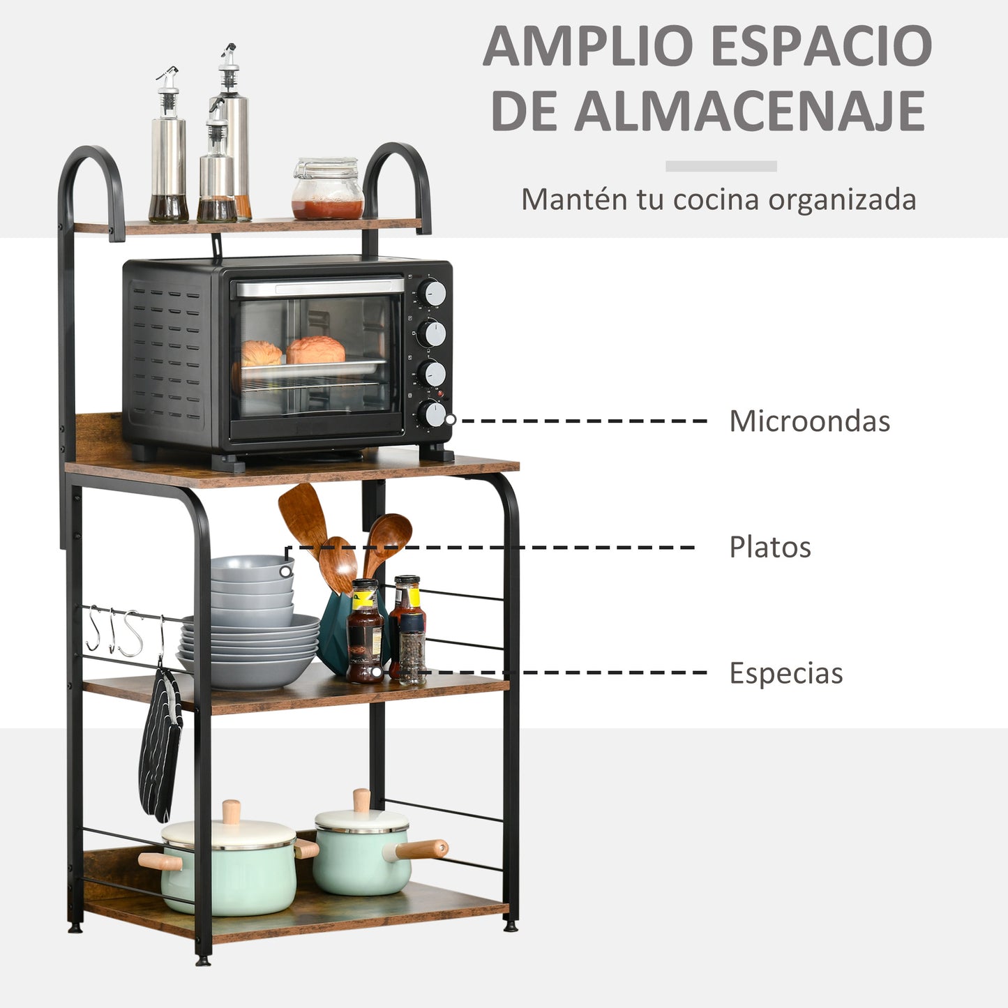 HOMCOM Estantería de Cocina de 4 Niveles Estante de Cocina con Ganchos Estantería para Microondas 60x40x125 cm Marrón Rústico y Negro