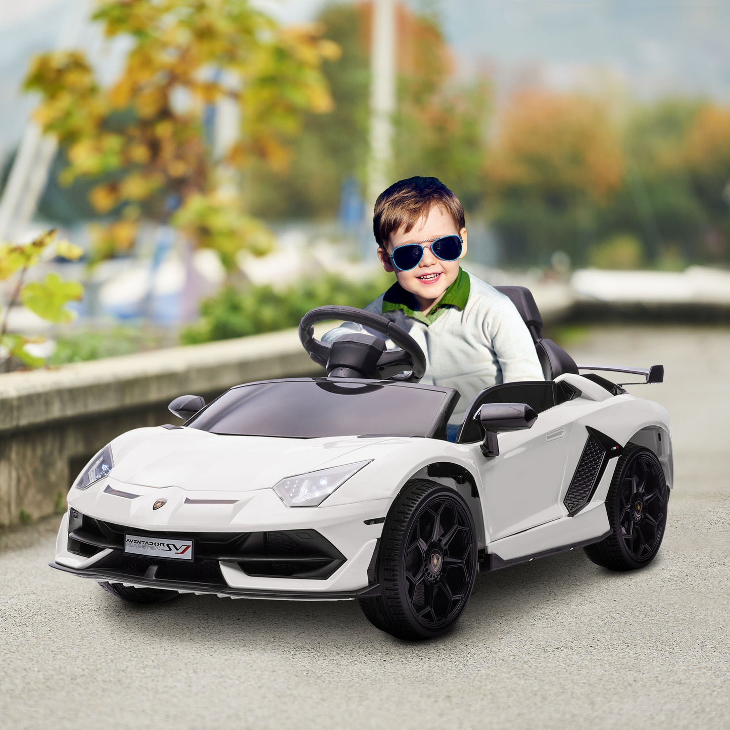 HOMCOM Coche Eléctrico Lamborghini para Niños Coche de Batería 12V Velocidad Max.5 km/h Puerta de Tijera con Control Remoto MP3 Luces y Cinturón de Seguridad Blanco