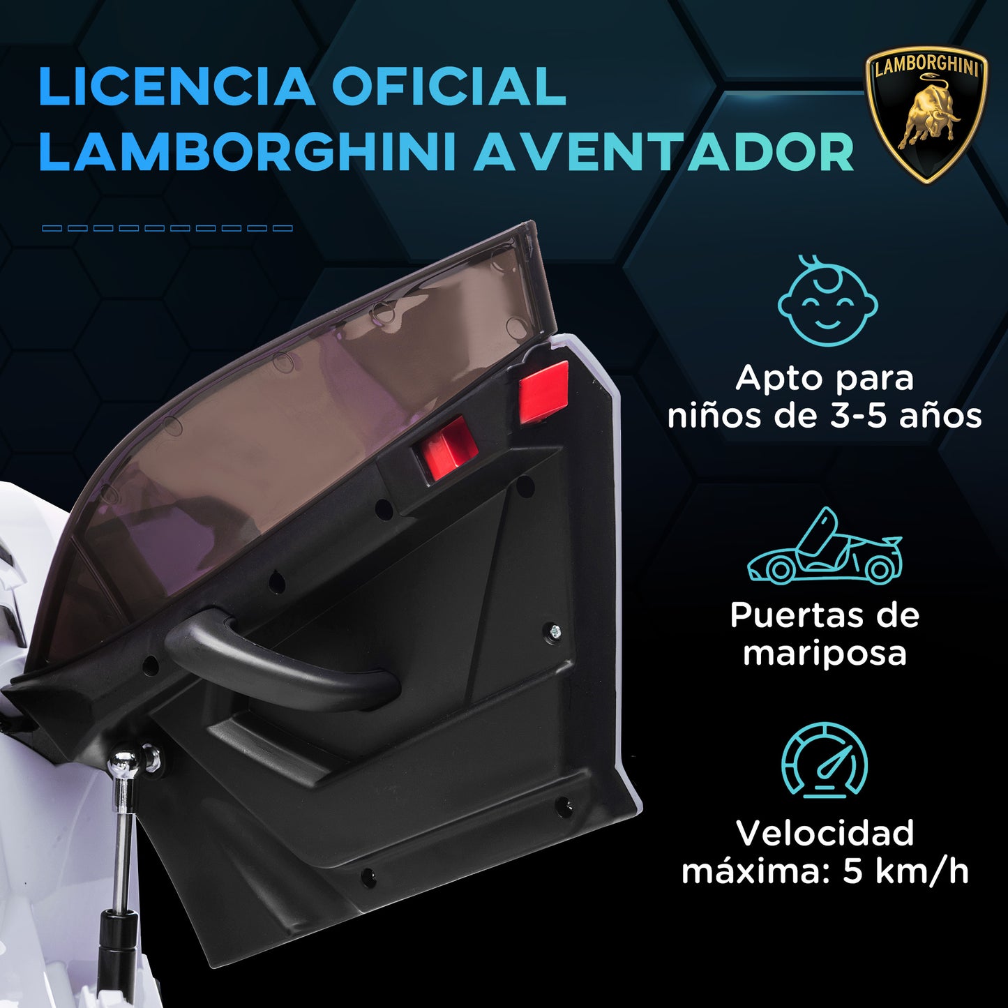 HOMCOM Coche Eléctrico Lamborghini para Niños Coche de Batería 12V Velocidad Max.5 km/h Puerta de Tijera con Control Remoto MP3 Luces y Cinturón de Seguridad Blanco