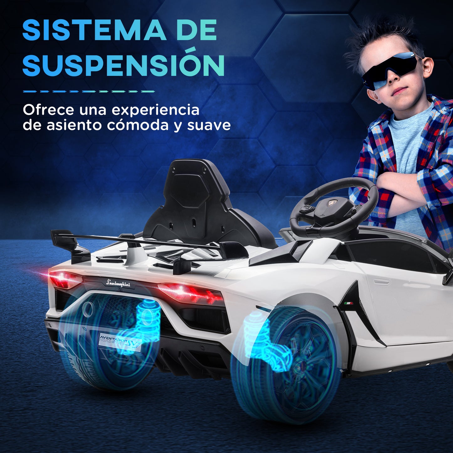 HOMCOM Coche Eléctrico Lamborghini para Niños Coche de Batería 12V Velocidad Max.5 km/h Puerta de Tijera con Control Remoto MP3 Luces y Cinturón de Seguridad Blanco