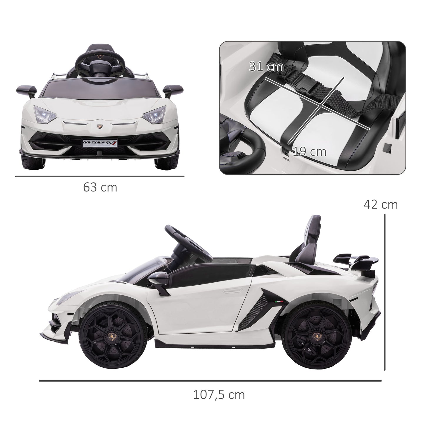 HOMCOM Coche Eléctrico Lamborghini para Niños Coche de Batería 12V Velocidad Max.5 km/h Puerta de Tijera con Control Remoto MP3 Luces y Cinturón de Seguridad Blanco