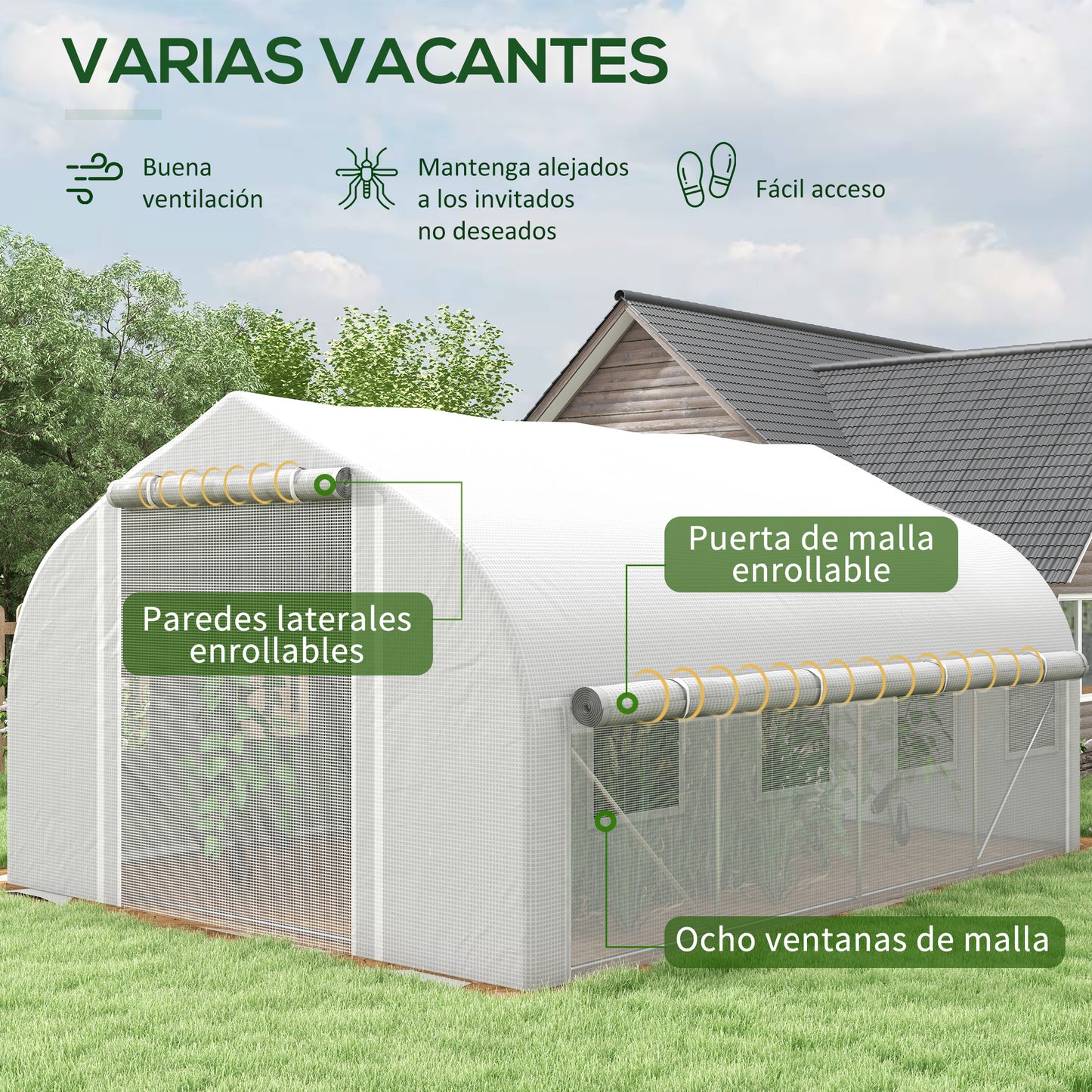 Outsunny Invernadero de Túnel 4x3x2 m Invernadero de Jardín con Puerta de Malla y 8 Ventanas Invernadero de Huerto con Techo Puntiagudo Persianas y Enrollables para Cultivos Plantas Verduras Blanco