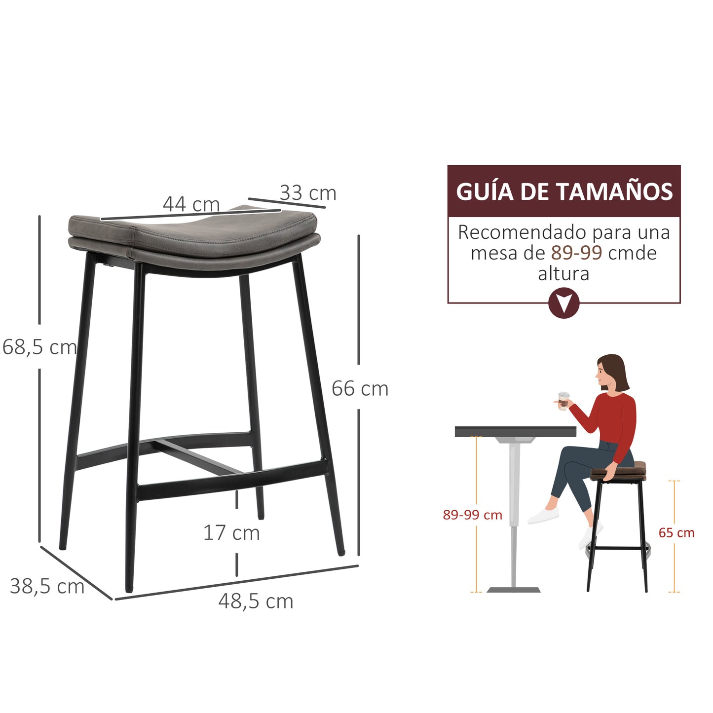 HOMCOM Conjunto de 2 Taburetes Altos de Cocina Sillas Altas de Cocina sin Respaldo con Estructura de Acero Estilo Industrial Carga 120 kg para Bar Salón Comedor Gris