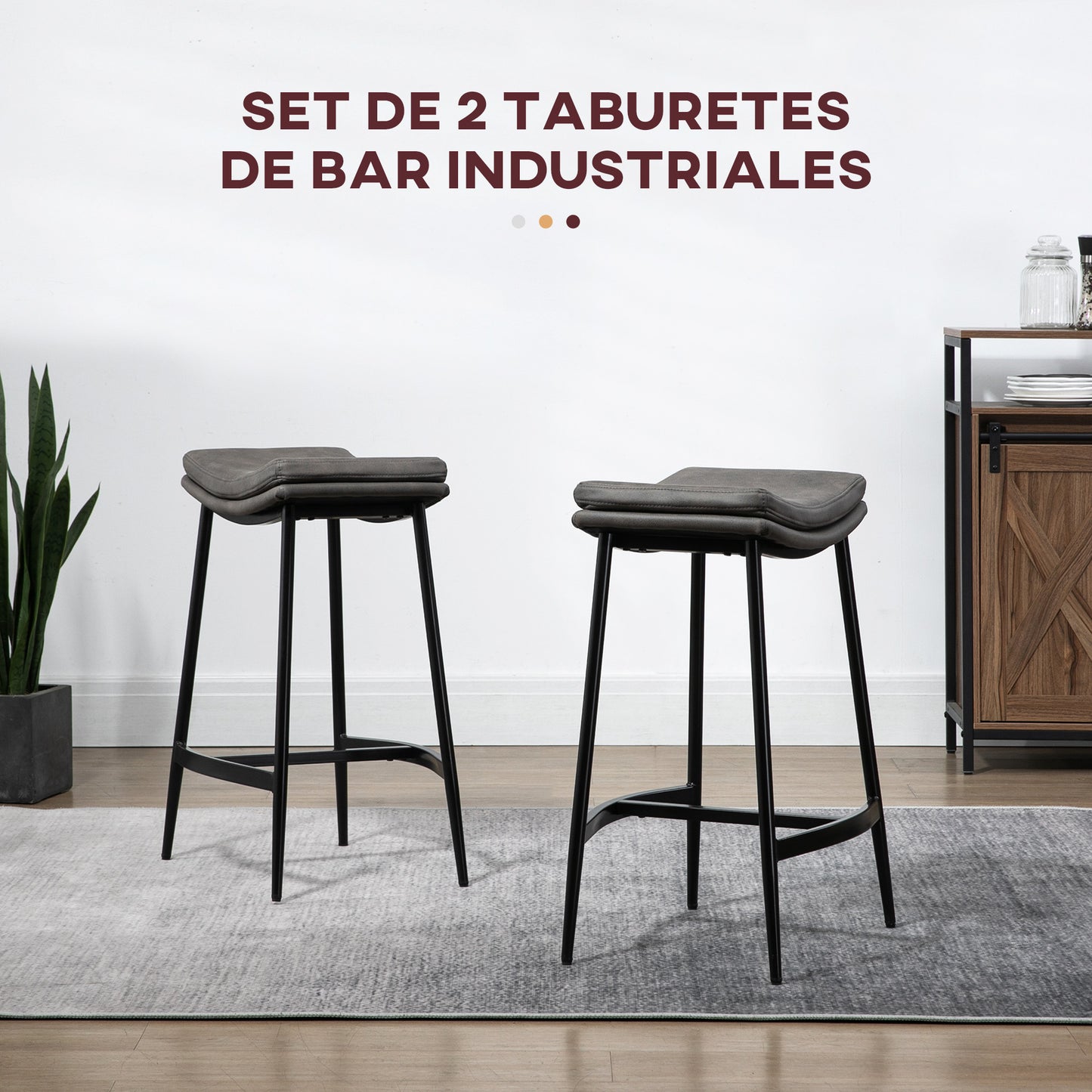 HOMCOM Conjunto de 2 Taburetes Altos de Cocina Sillas Altas de Cocina sin Respaldo con Estructura de Acero Estilo Industrial Carga 120 kg para Bar Salón Comedor Gris