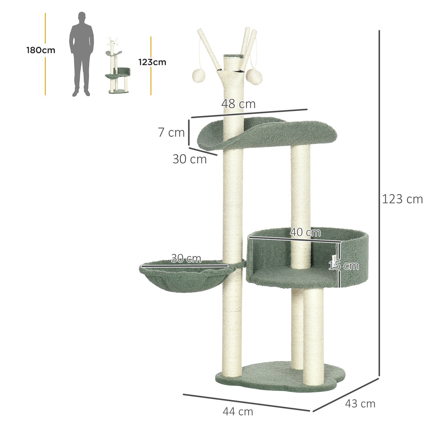 PawHut Árbol Rascador para Gatos Torre para Gatos Altura 123 cm con Hamaca Camas Postes de Sisal y Bolas de Juego 44x43x123 cm Verde y Crema