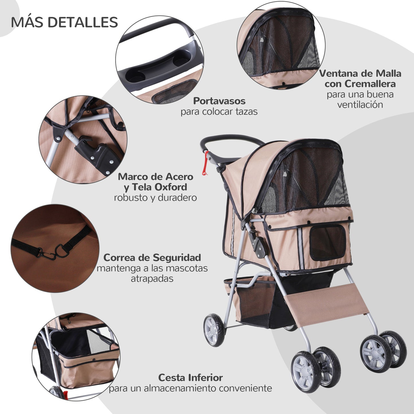 PawHut Carrito para Perros Plegable Cochecito para Mascotas Carrito para Perros Pequeños con Toldo Ajustable Cesta de Almacenaje Ventanas de Malla Portavasos y 2 Ruedas 75x45x97 cm Café