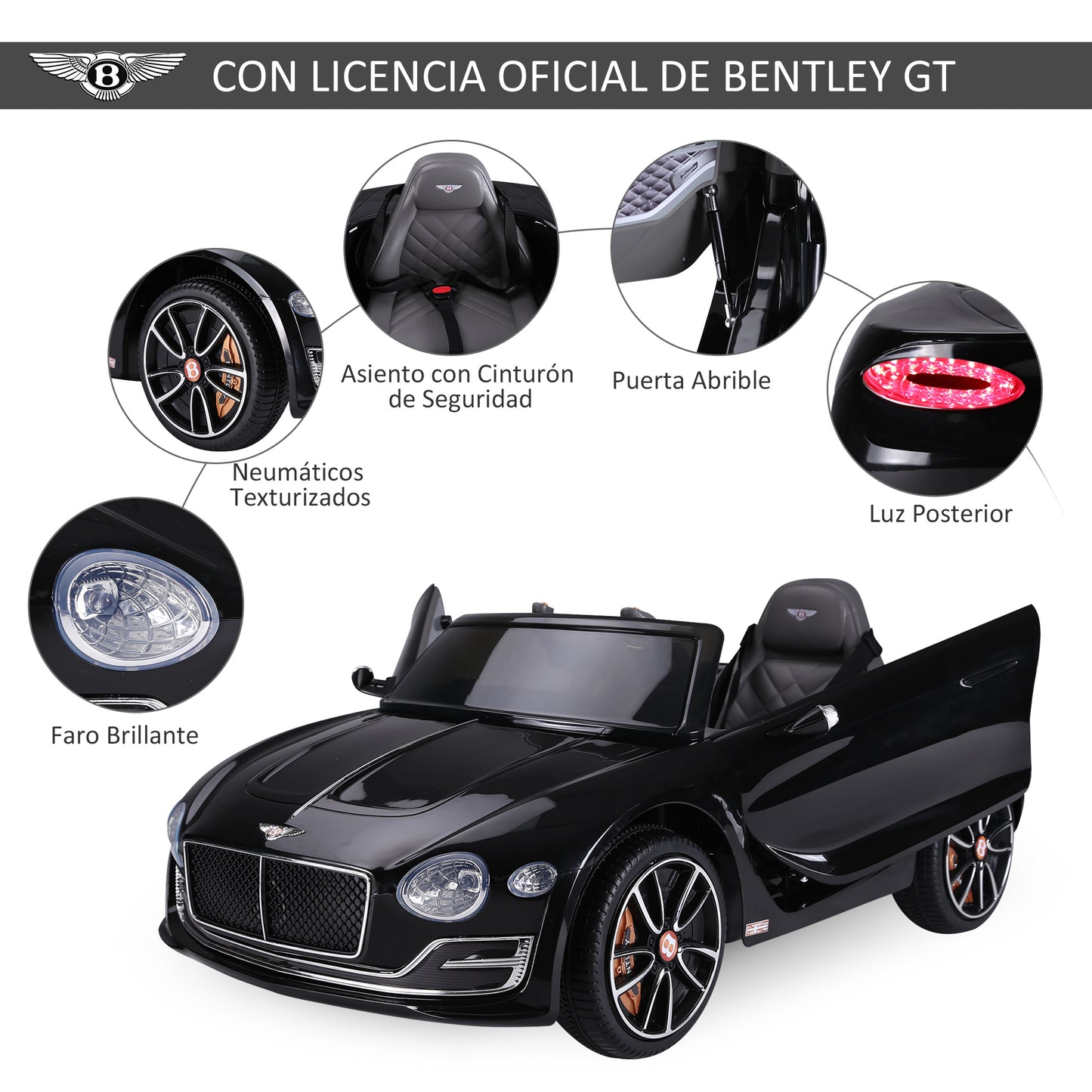 HOMCOM Coche Eléctrico para Niños Bentley GT Coche de Bateria para Niños de +3 Años Velocidad 2,5-5 km/h 2 Modos de Control Música Faros Retroceder 108x60x43 cm Negro