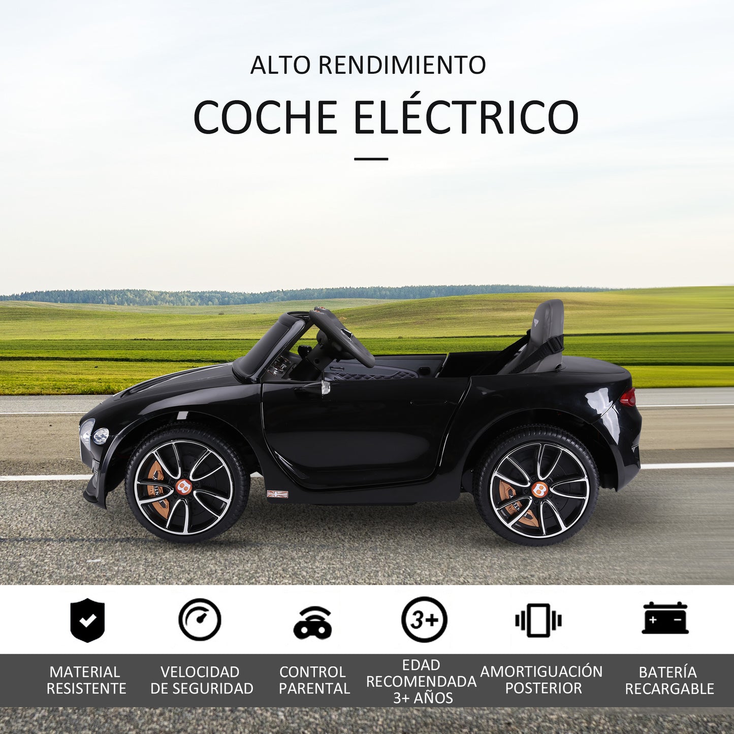 HOMCOM Coche Eléctrico para Niños Bentley GT Coche de Bateria para Niños de +3 Años Velocidad 2,5-5 km/h 2 Modos de Control Música Faros Retroceder 108x60x43 cm Negro