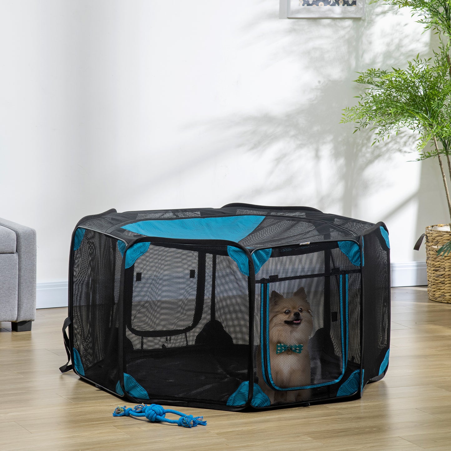 PawHut Parque Plegable para Perros y Gatos de 8 Paneles Parque de Juego para Mascotas con Bolsa de Transporte Recinto Portátil para Conejos Conejillos de Indias para Interior y Exterior Ø126x58cm Azul