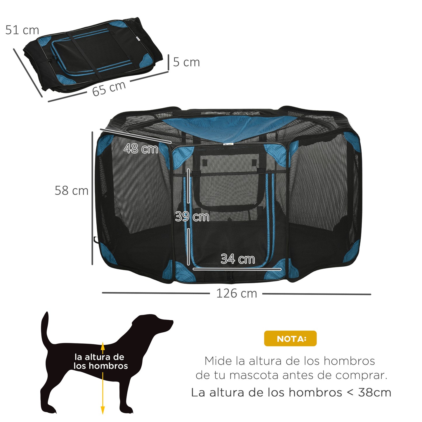 PawHut Parque Plegable para Perros y Gatos de 8 Paneles Parque de Juego para Mascotas con Bolsa de Transporte Recinto Portátil para Conejos Conejillos de Indias para Interior y Exterior Ø126x58cm Azul