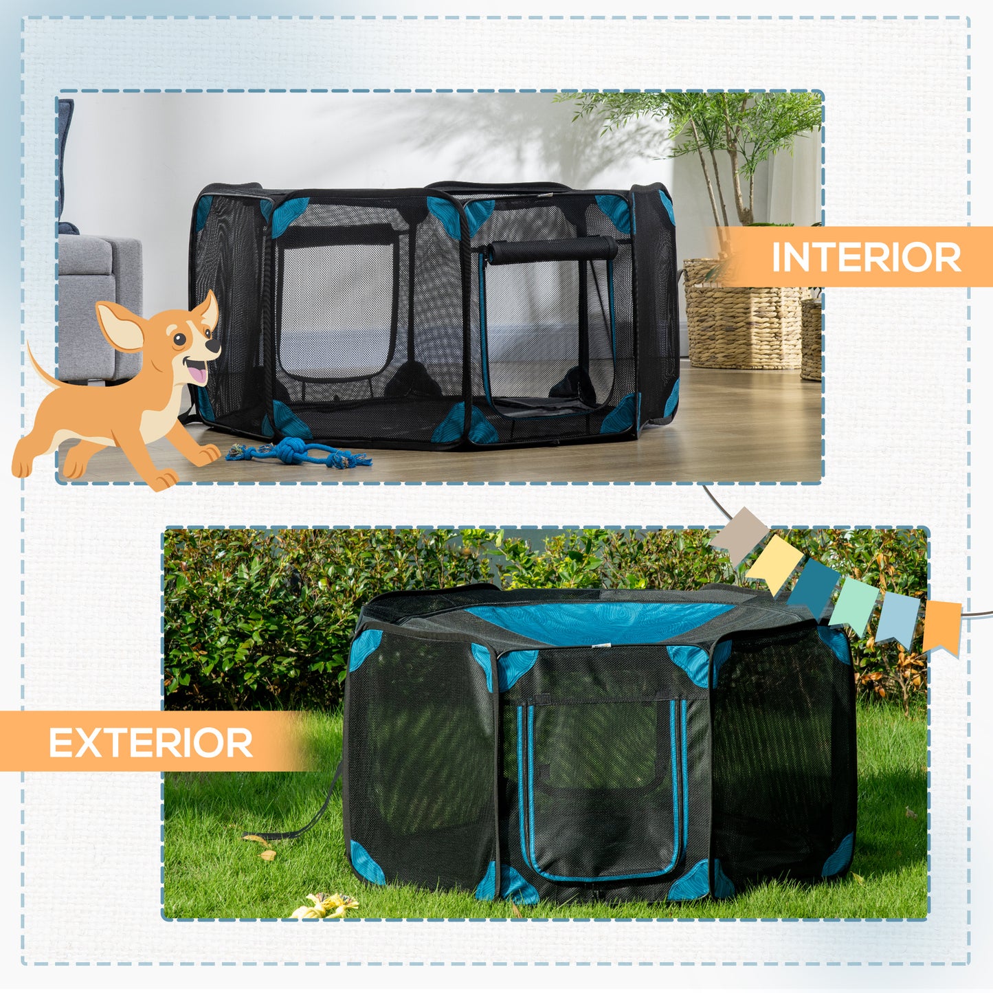 PawHut Parque Plegable para Perros y Gatos de 8 Paneles Parque de Juego para Mascotas con Bolsa de Transporte Recinto Portátil para Conejos Conejillos de Indias para Interior y Exterior Ø126x58cm Azul