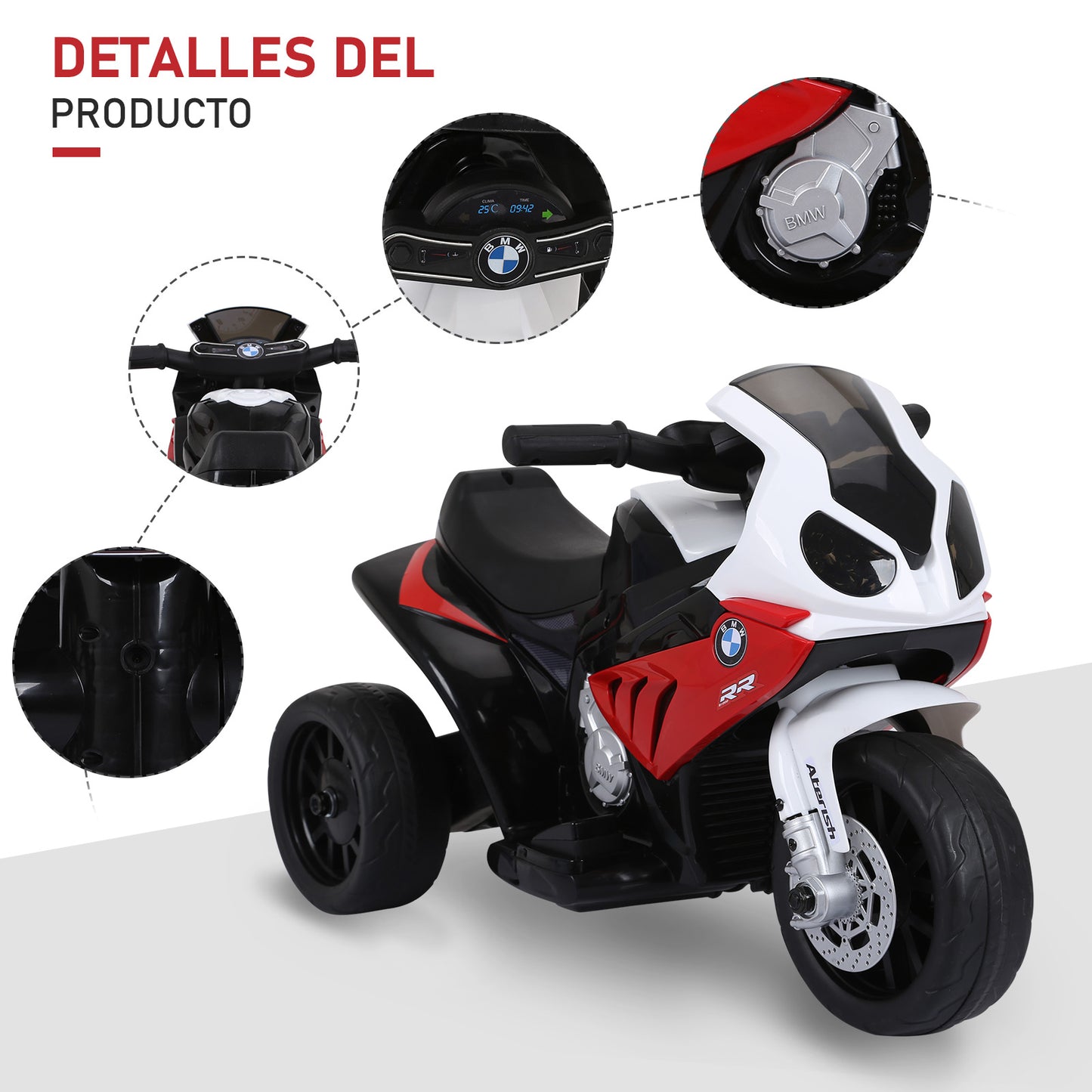 HOMCOM Moto Eléctrica para Niños de 18-36 Meses con Licencia BMW S1000RR Motocicleta de Batería 6V Moto Infantil con Música Carga 20 kg Rojo