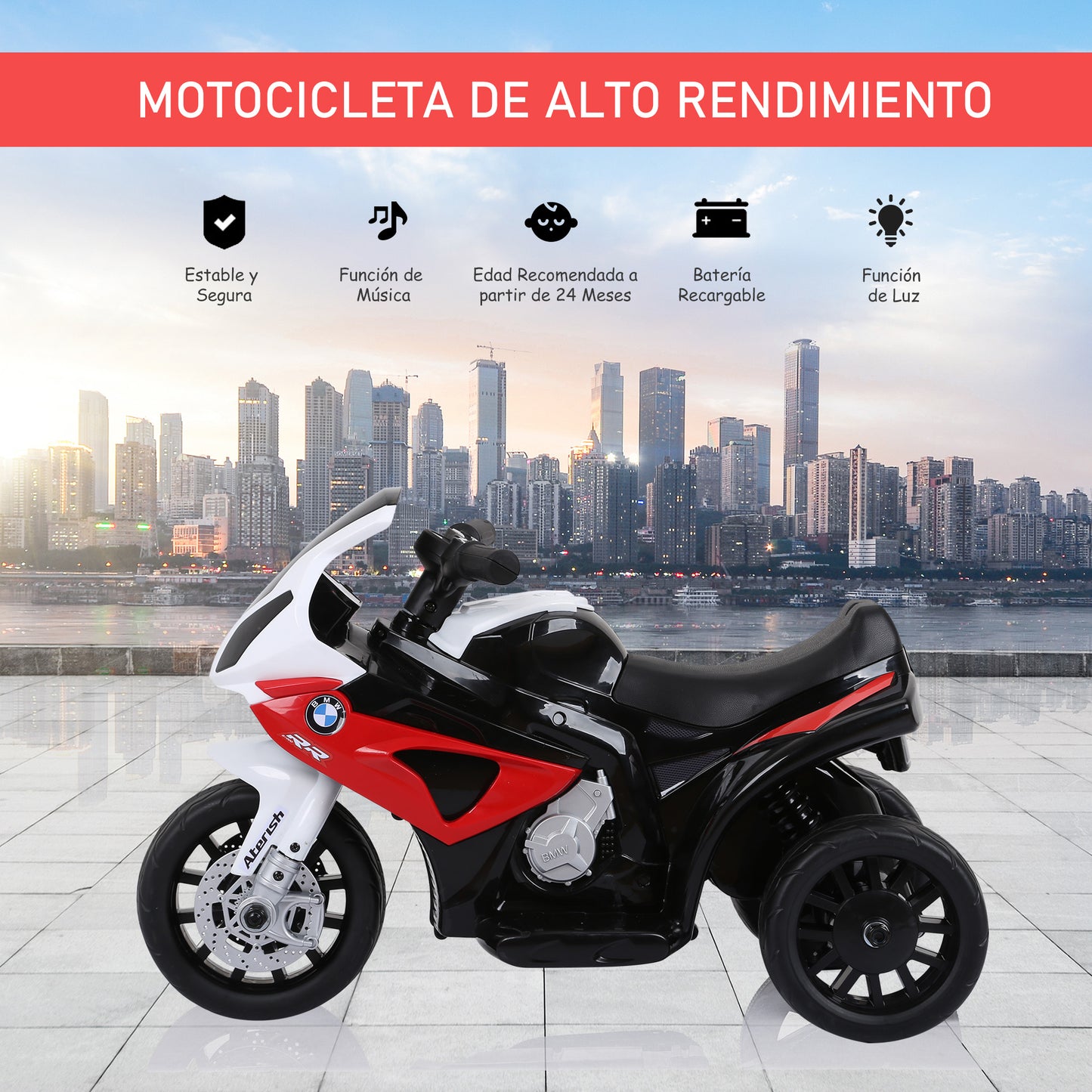 HOMCOM Moto Eléctrica para Niños de 18-36 Meses con Licencia BMW S1000RR Motocicleta de Batería 6V Moto Infantil con Música Carga 20 kg Rojo