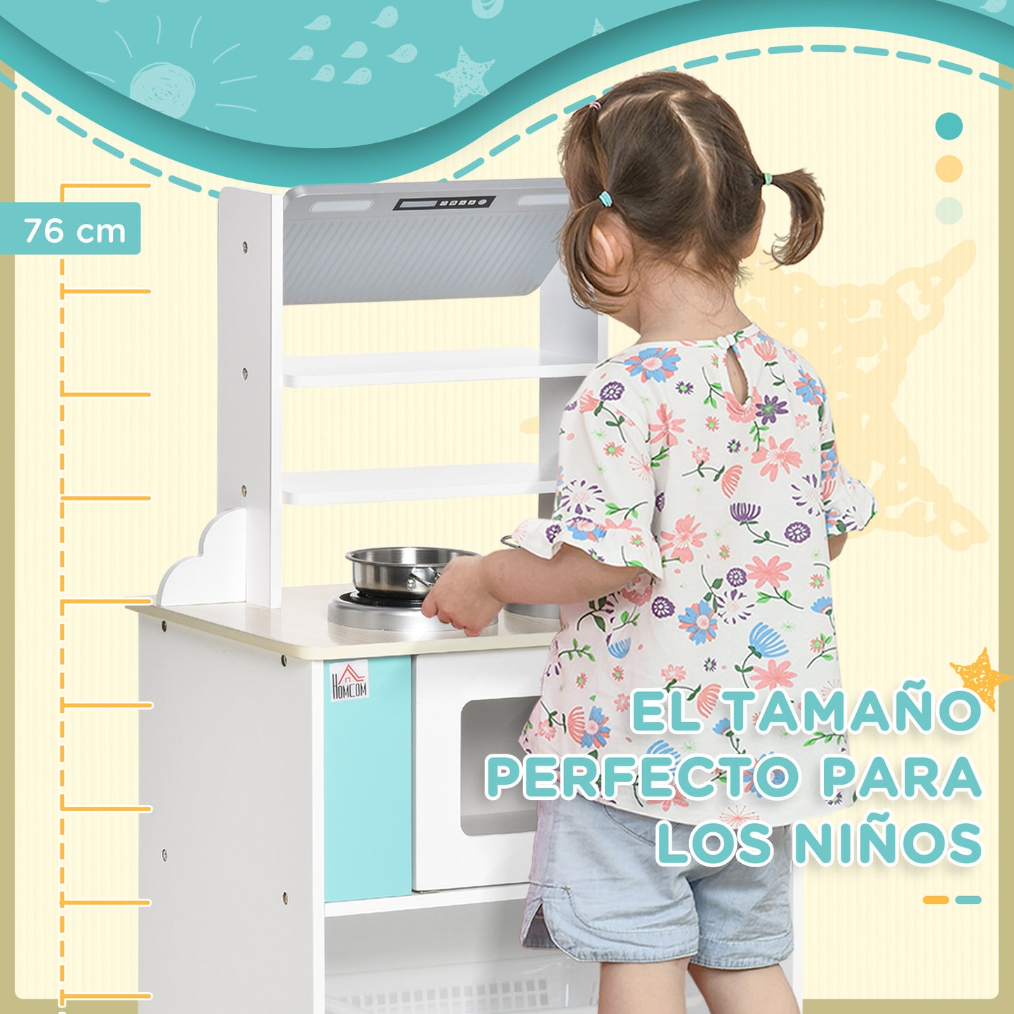 HOMCOM Cocina de Juguete de Madera para Niños de +3 Años Cocinita Infantil con Cesta de Almacenaje Accesorios Utensilios Estufa y Microondas 42x29x76 cm Blanco