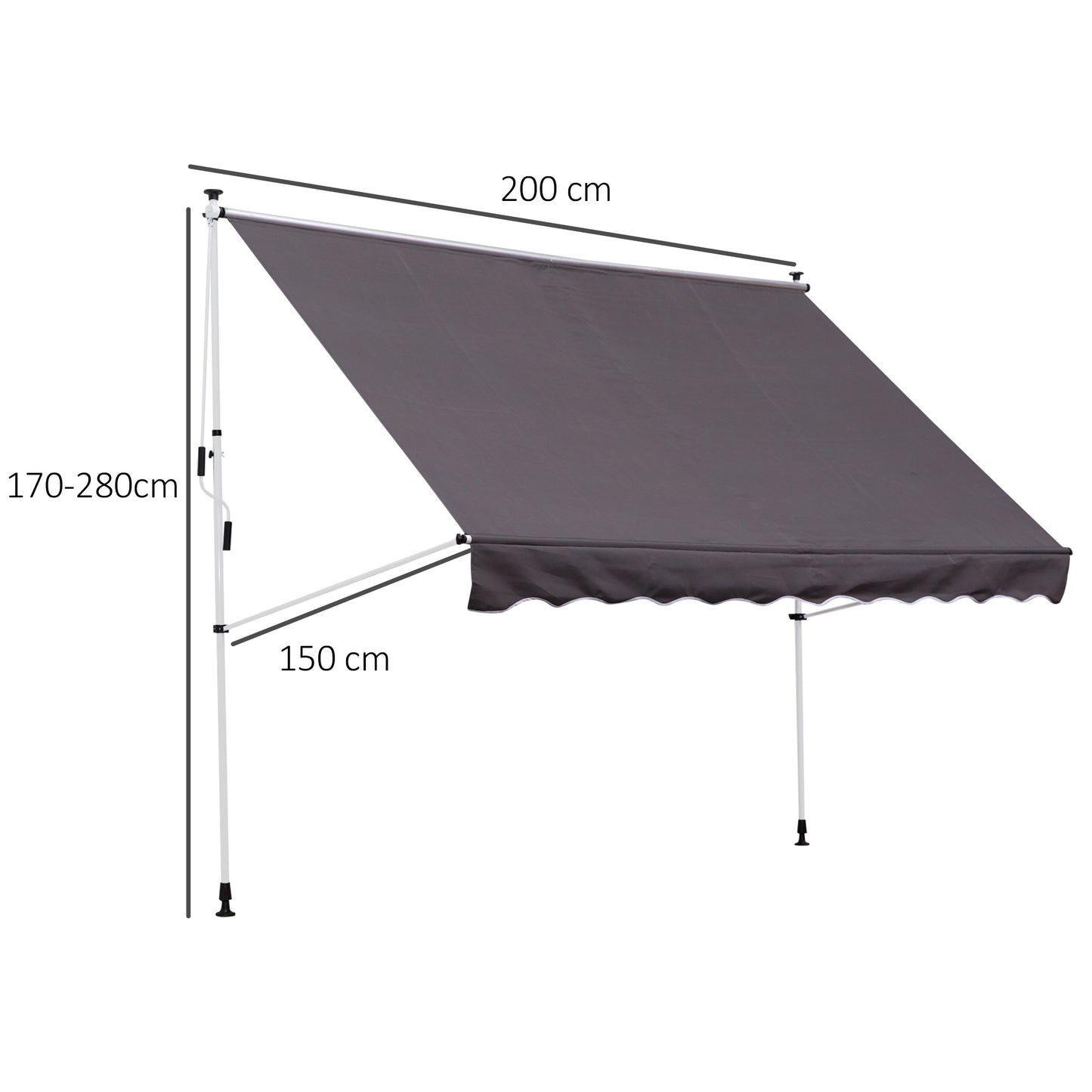 Outsunny Toldo Manual Retráctil 200x150x170-280 cm Toldo para Balcón con Altura Ajustable Manivela y Protección Solar para Terraza Jardín Gris