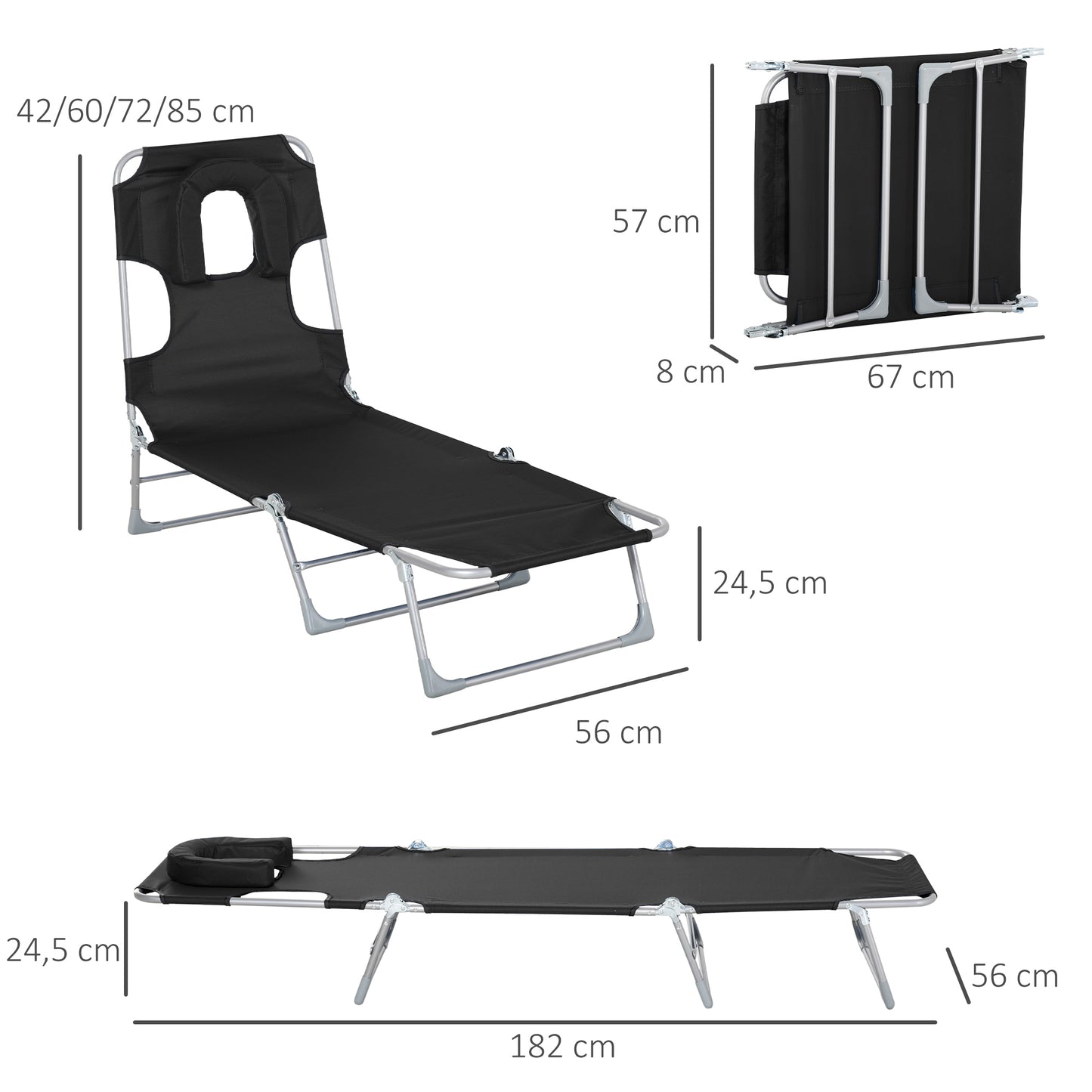 Outsunny Tumbona Reclinable y Plegable de Jardín con Orificio de Lectura Reposacabezas y Respaldo Ajustable en 5 Niveles para Playa 182x56x28 cm Negro