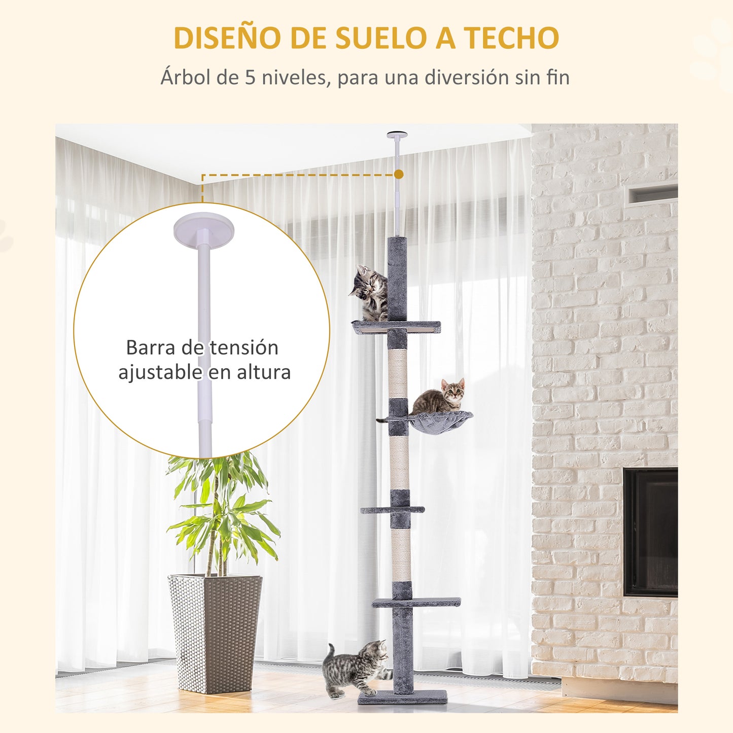 PawHut Árbol para Gatos de Suelo al Techo de 230-260 cm Torre para Gatos con Altura Ajustable Plataformas Hamaca y Postes de Sisal Gris