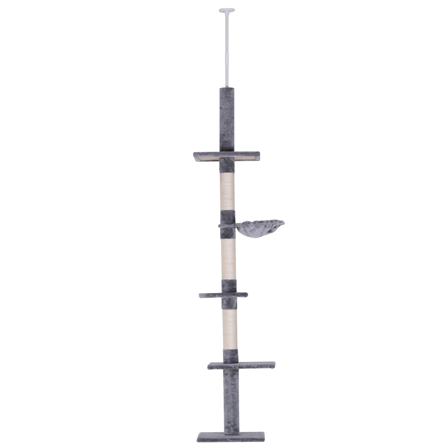 PawHut Árbol para Gatos de Suelo al Techo de 230-260 cm Torre para Gatos con Altura Ajustable Plataformas Hamaca y Postes de Sisal Gris