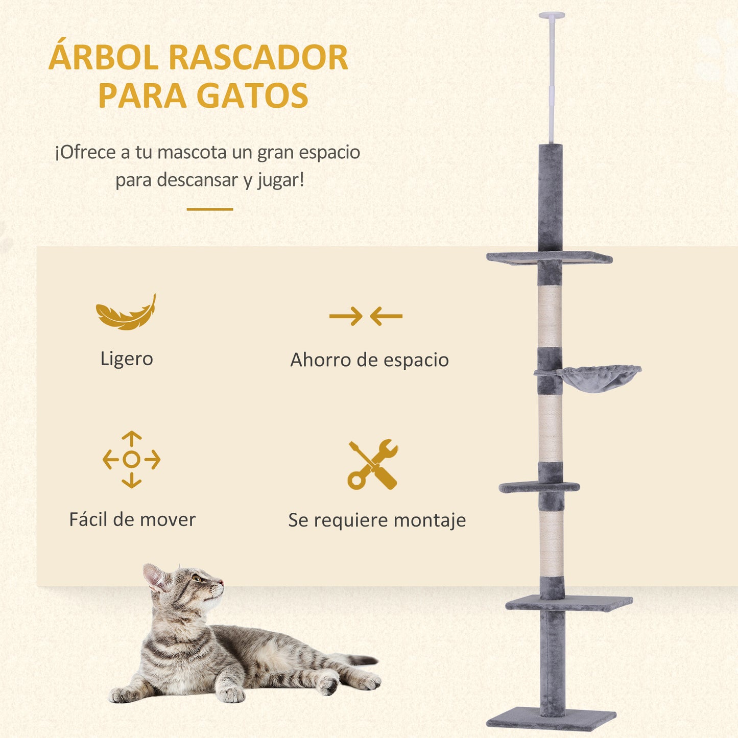 PawHut Árbol para Gatos de Suelo al Techo de 230-260 cm Torre para Gatos con Altura Ajustable Plataformas Hamaca y Postes de Sisal Gris