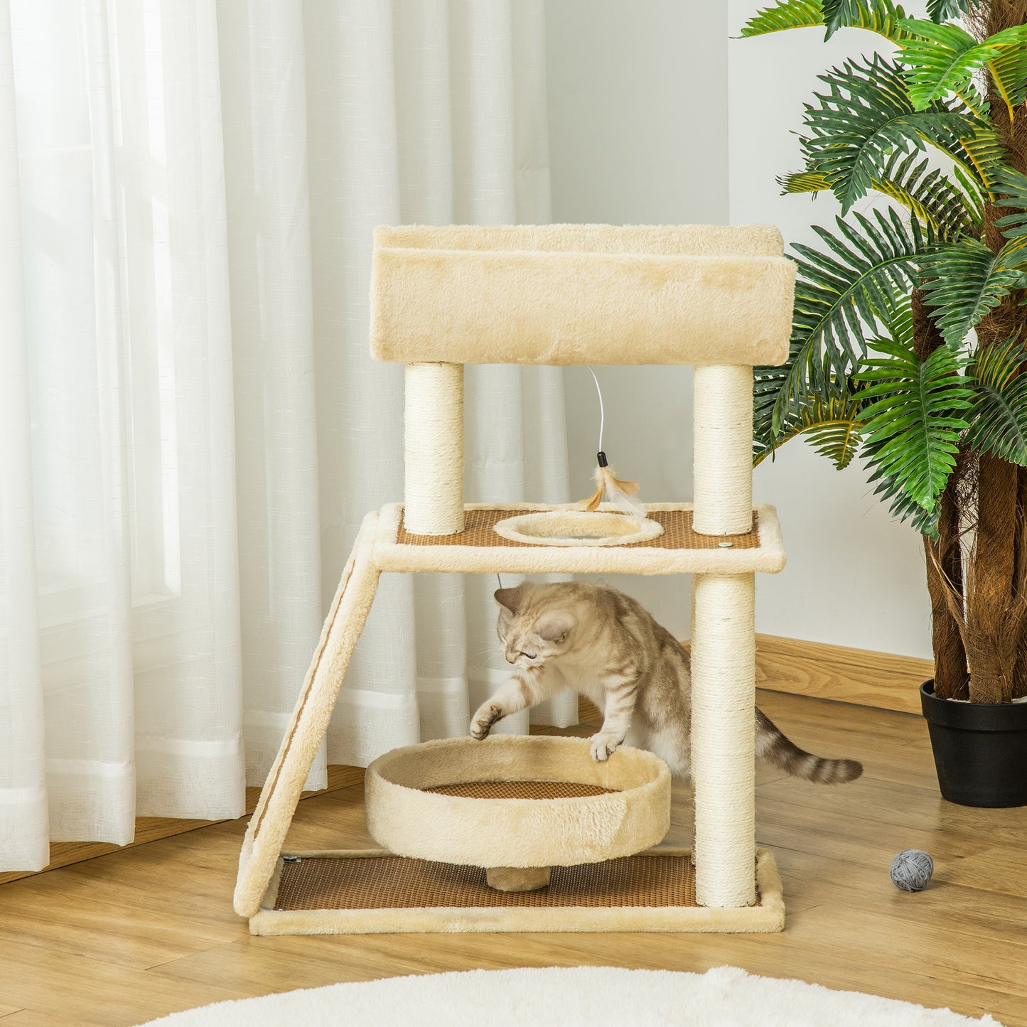 PawHut Árbol Rascador para Gatos 60x30x76 cm con Cama de Lino Postes Rascadores de Sisal Natural Plataforma Tipo Túnel Rampa y Juguetes Colgantes Beige y Marrón