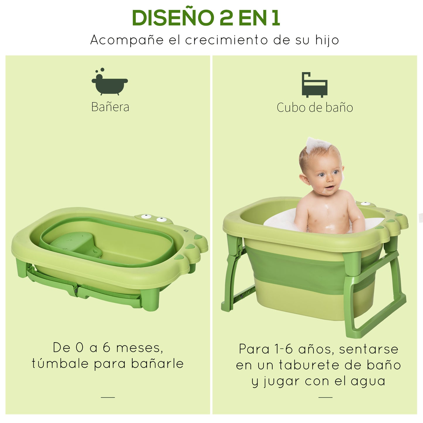 HOMCOM Bañera Plegable para Bebé de 0-3 Años Capacidad 105L Bañera Portátil para Niños con Patas Antideslizantes y Orificio de Drenaje Carga 50 kg 75,3x55,4x43 cm Verde