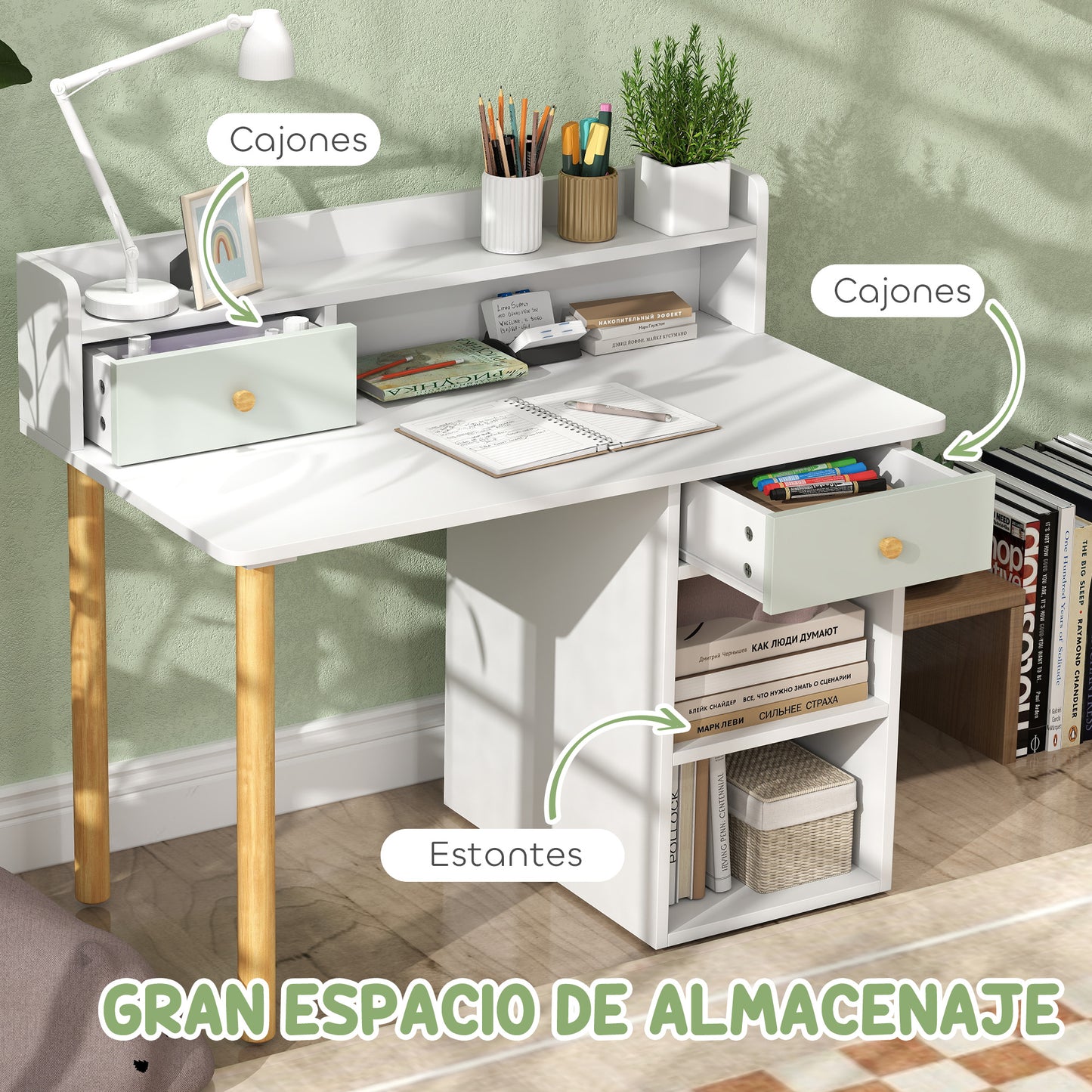 AIYAPLAY Juego de Escritorio y Silla para Niños de +3 Años Pupitre Infantil con Cajones Compartimento y Estantes para Dormitorio Sala Estudio Verde y Blanco