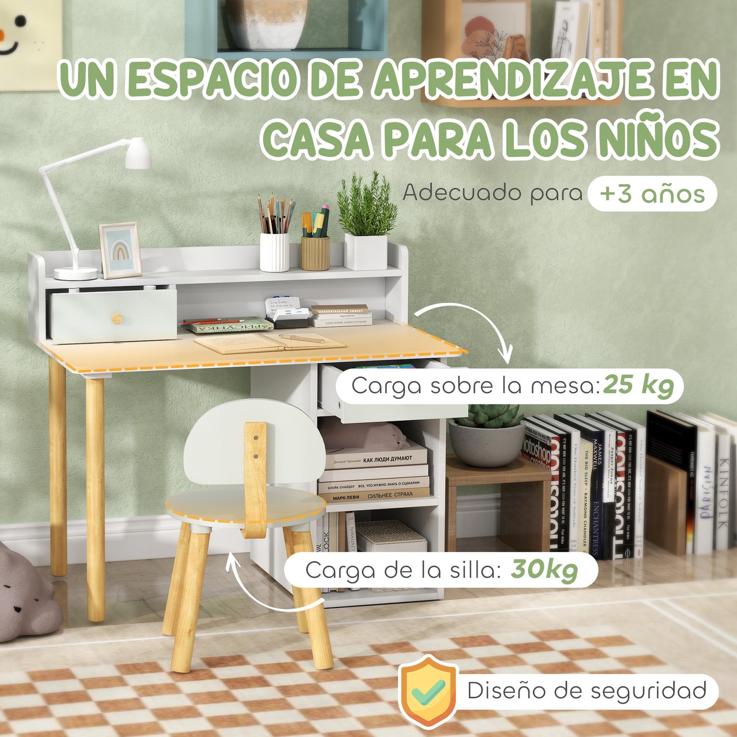 AIYAPLAY Juego de Escritorio y Silla para Niños de +3 Años Pupitre Infantil con Cajones Compartimento y Estantes para Dormitorio Sala Estudio Verde y Blanco