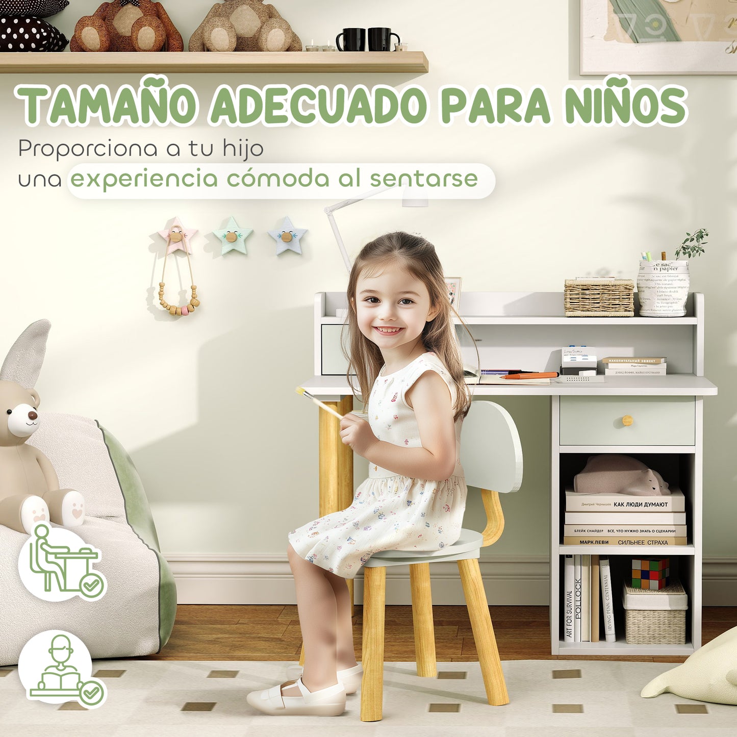 AIYAPLAY Juego de Escritorio y Silla para Niños de +3 Años Pupitre Infantil con Cajones Compartimento y Estantes para Dormitorio Sala Estudio Verde y Blanco