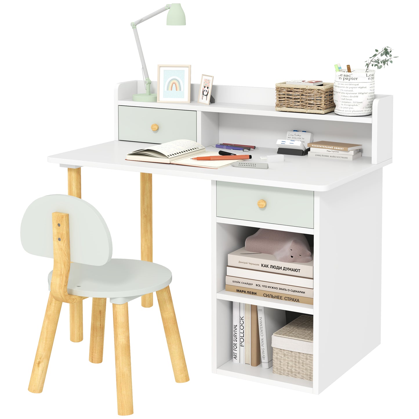 AIYAPLAY Juego de Escritorio y Silla para Niños de +3 Años Pupitre Infantil con Cajones Compartimento y Estantes para Dormitorio Sala Estudio Verde y Blanco