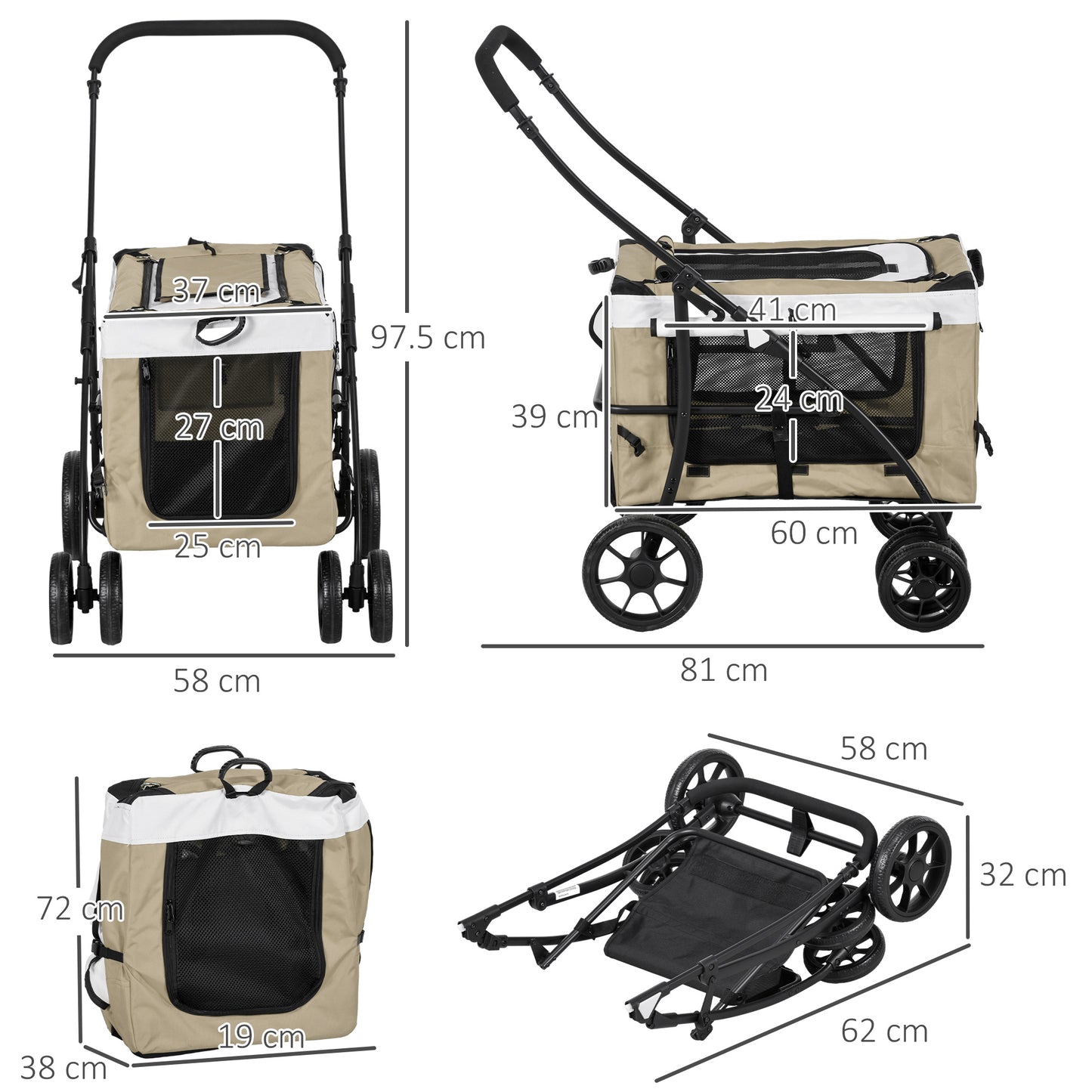 PawHut Carrito para Perros 2 en 1 Cochecito para Perros Pequeños Plegable Cochecito para Mascotas con Vagón Desmontable 4 Puertas con Cremallera 2 Correas de Seguridad y Cojín Caqui