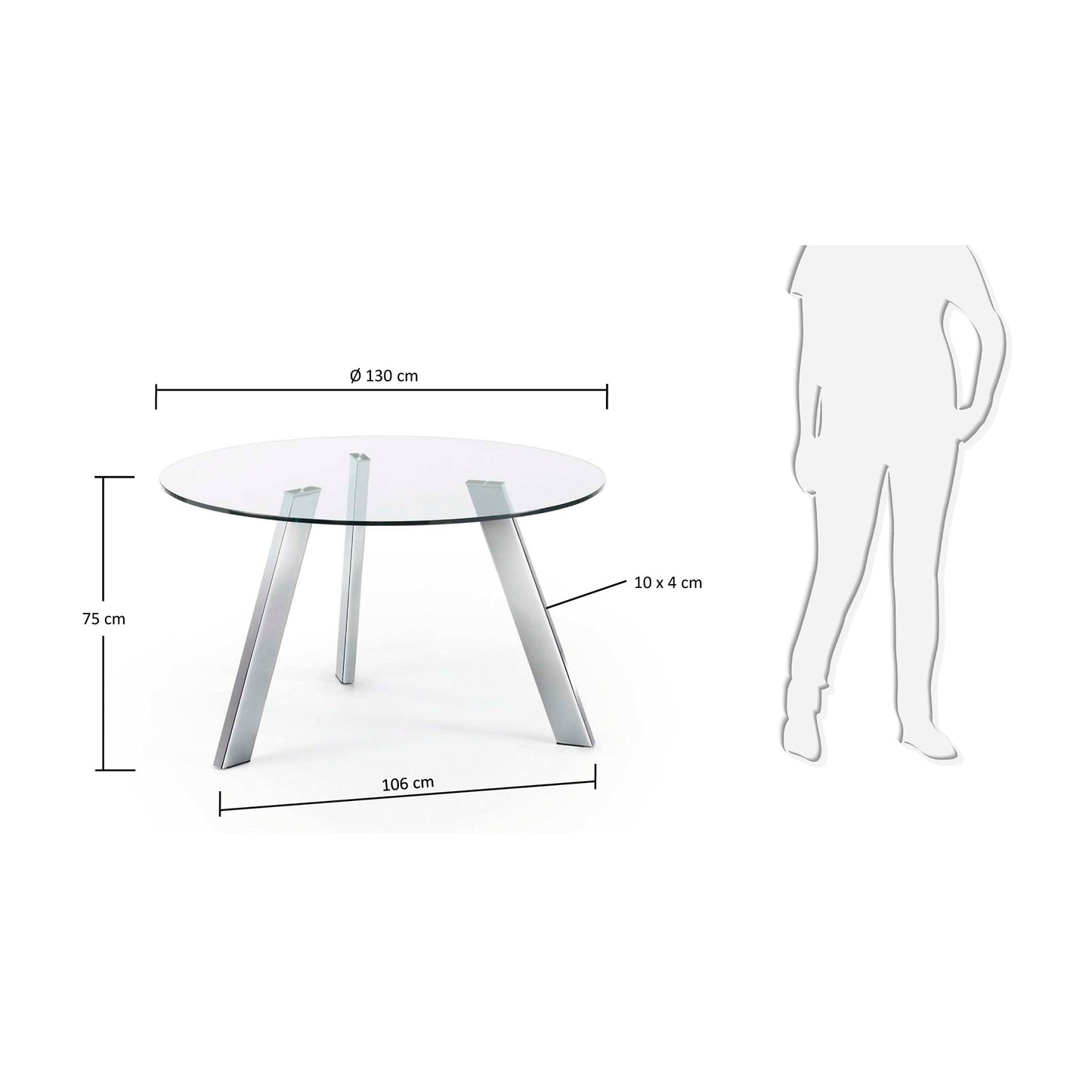 Mesa redonda Carib de cristal y patas de acero acabado cromado Ø 130 cm