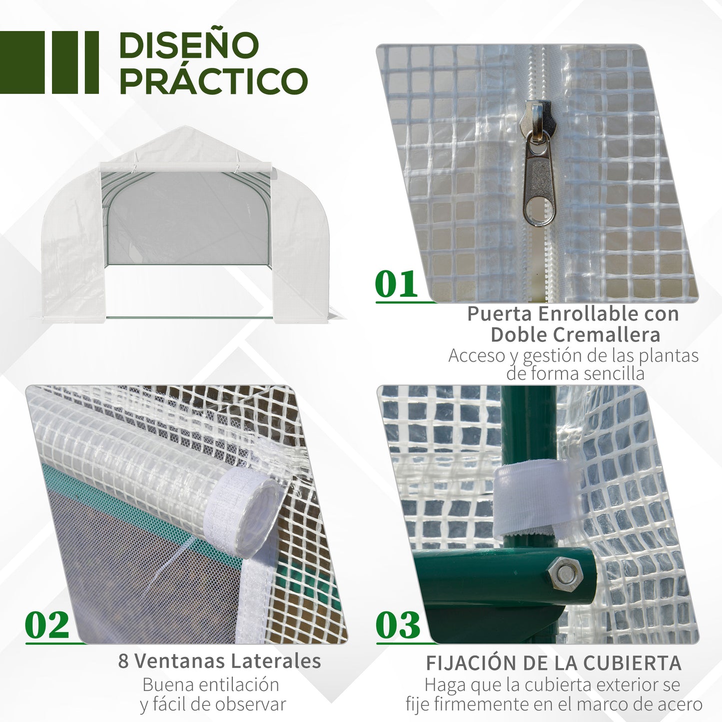 Outsunny Invernadero de Jardín 6x3x2 m Tipo Túnel para Cultivo Plantas Verduras con 8 Ventanas Transpirables y Puerta Enrollable con Cremallera Acero Blanco