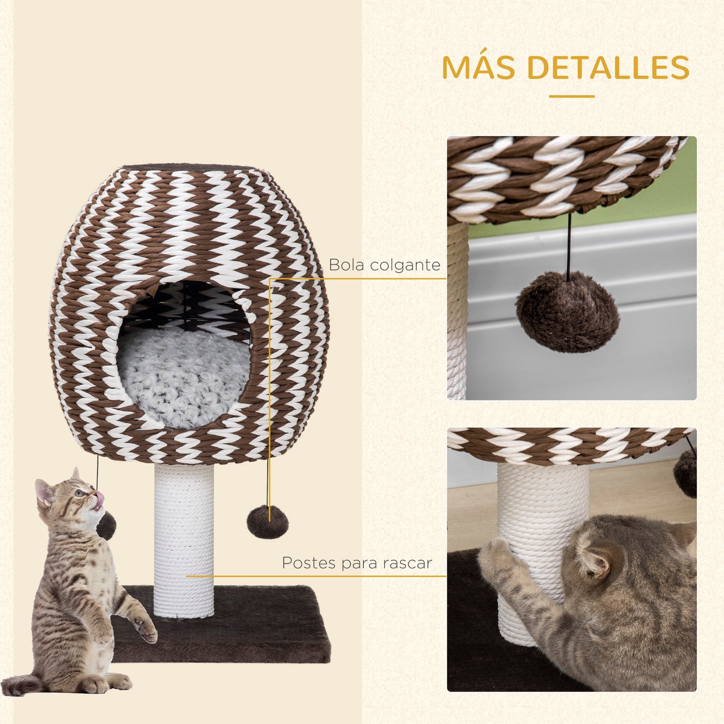 PawHut Árbol Rascador para Gatos Altura 67 cm Torre para Gatos con Cueva de Felpa Cojín Desmontable Bolas Colgantes y Poste 40x40x67 cm Café